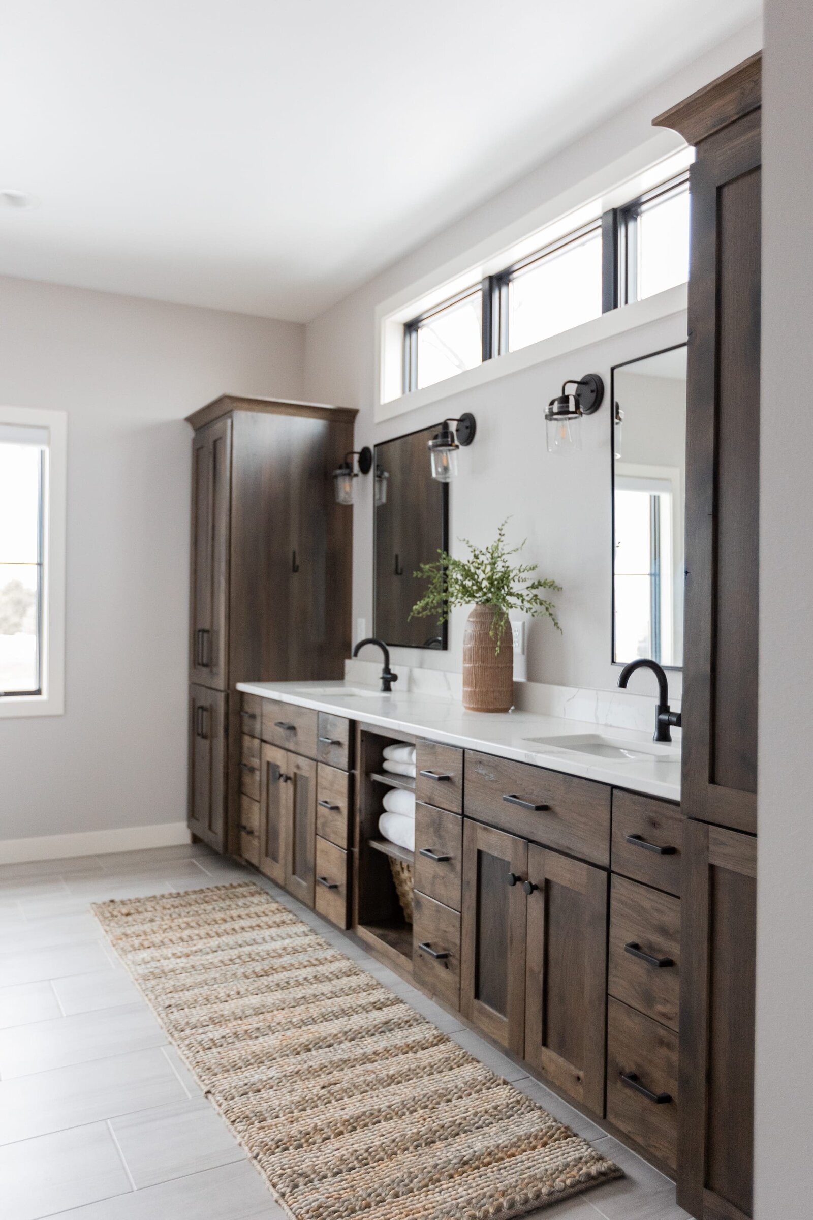 michele rosenboom design modern farmhouse bathroom wood vanity and runner rug