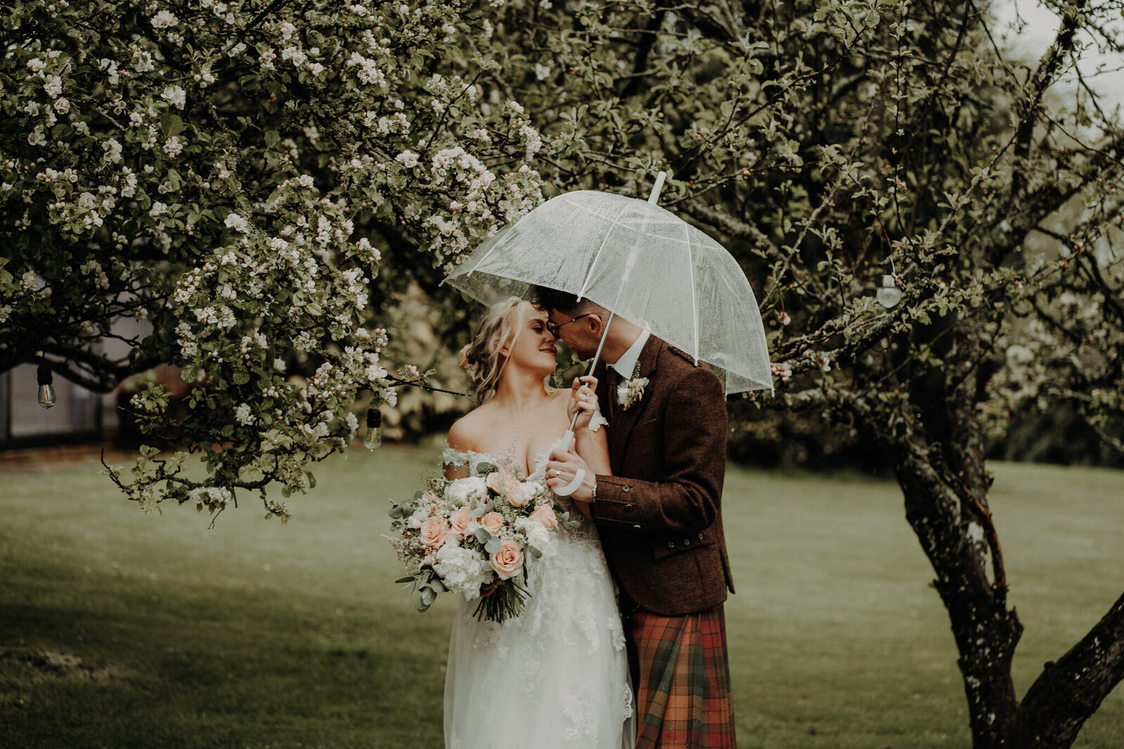 bride and groom kissing under an umbrella with grass lawn and trees in background fun aberdeen wedding photography