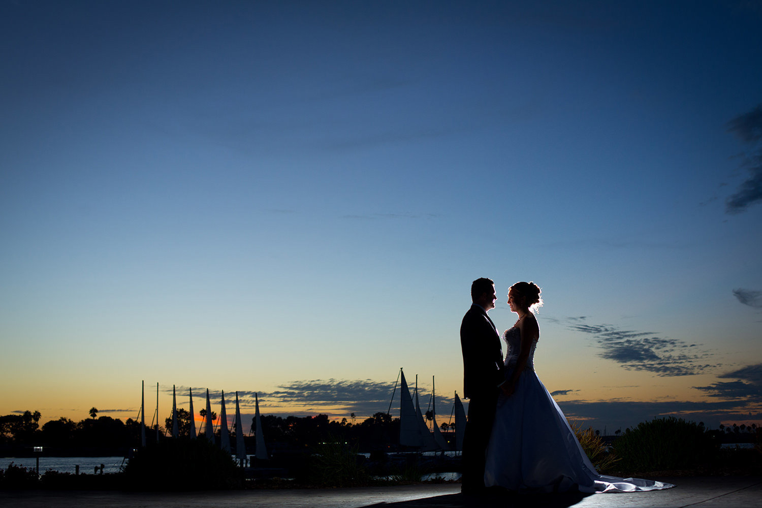 sunset image with bride and groom