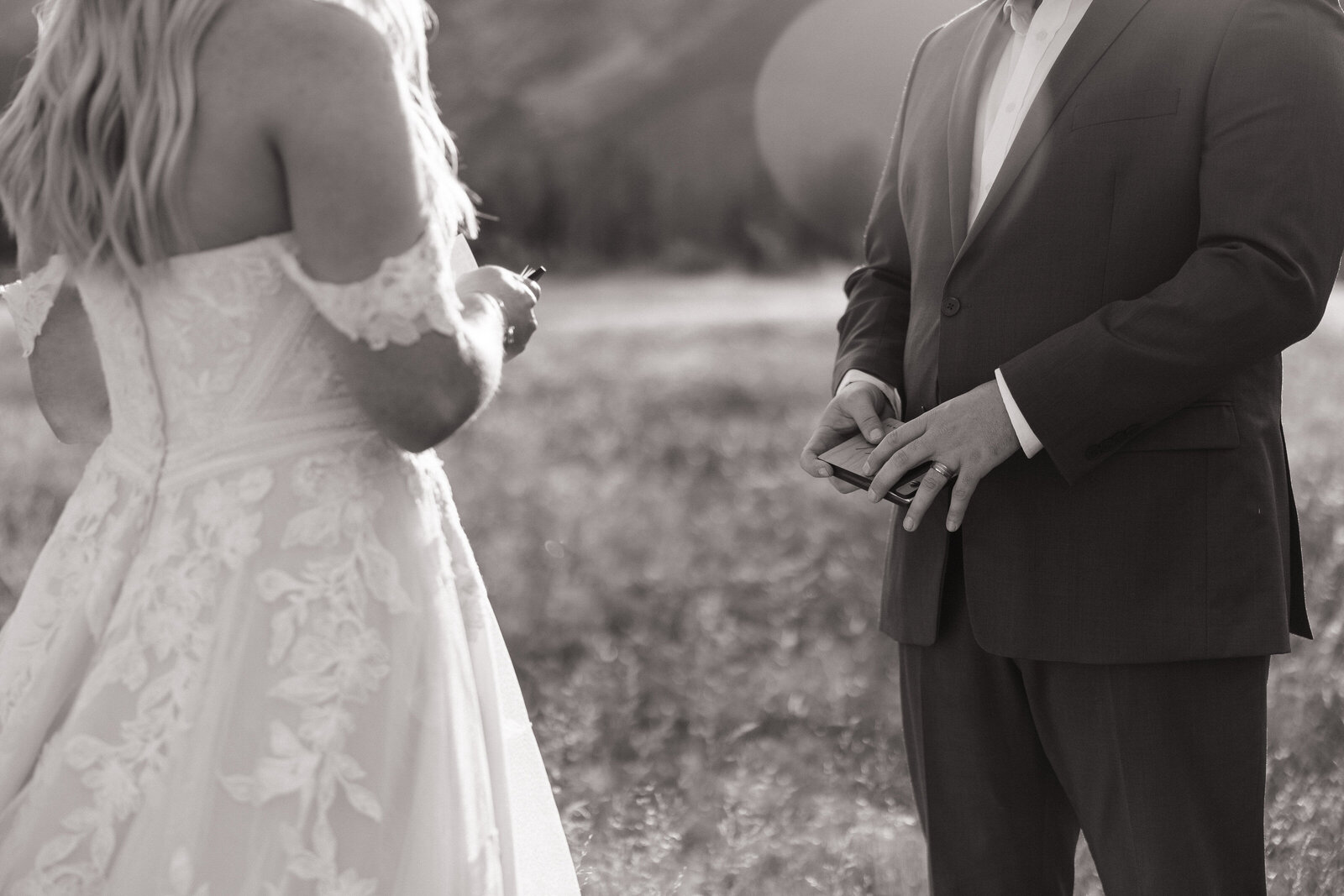 Bride and groom exchange vows during private elopement in the Sawtooth Mountains