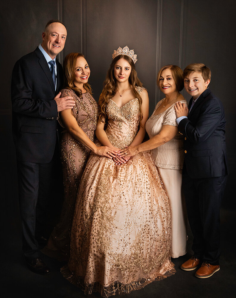 vanity-family-family-studio-portraits-boys-blue-suits-girls-gold-fancy-dress-rose-grandma-multi-generations