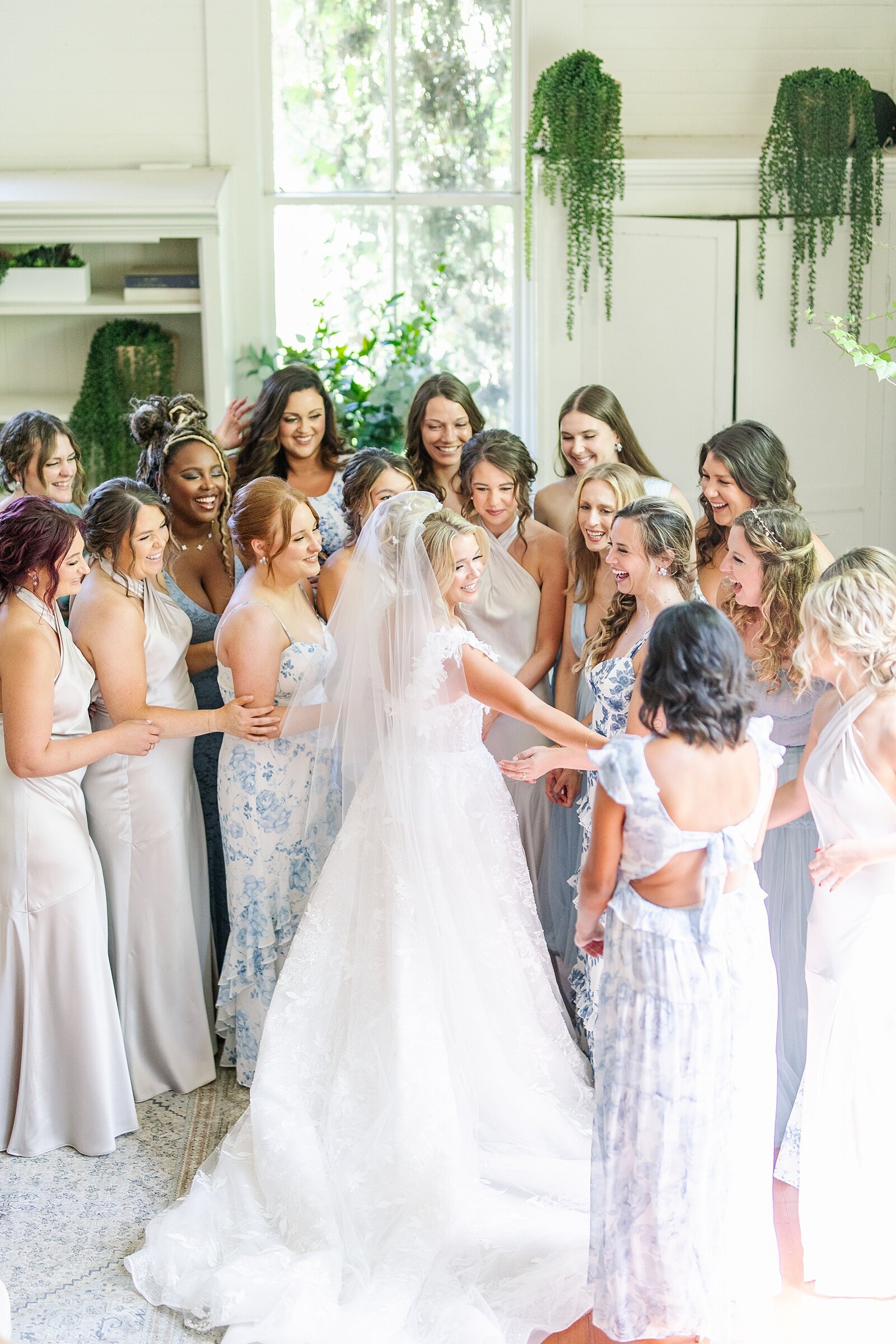 Bride with her bridesmaids at Green Gables wedding estate in San Marcos.