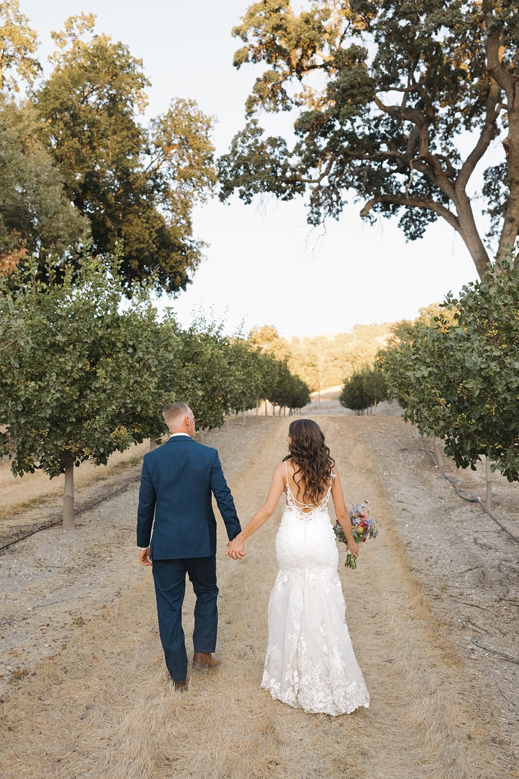 Bride and groom walking hand in hand down an orchard row