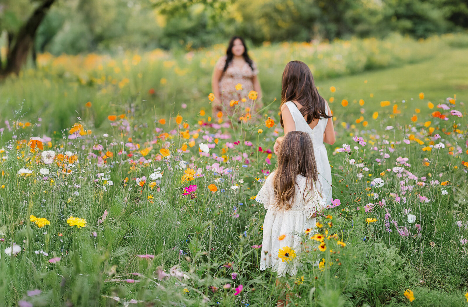 two girls in white dresses walking through tall wildflowers to their momma by york pa photographer