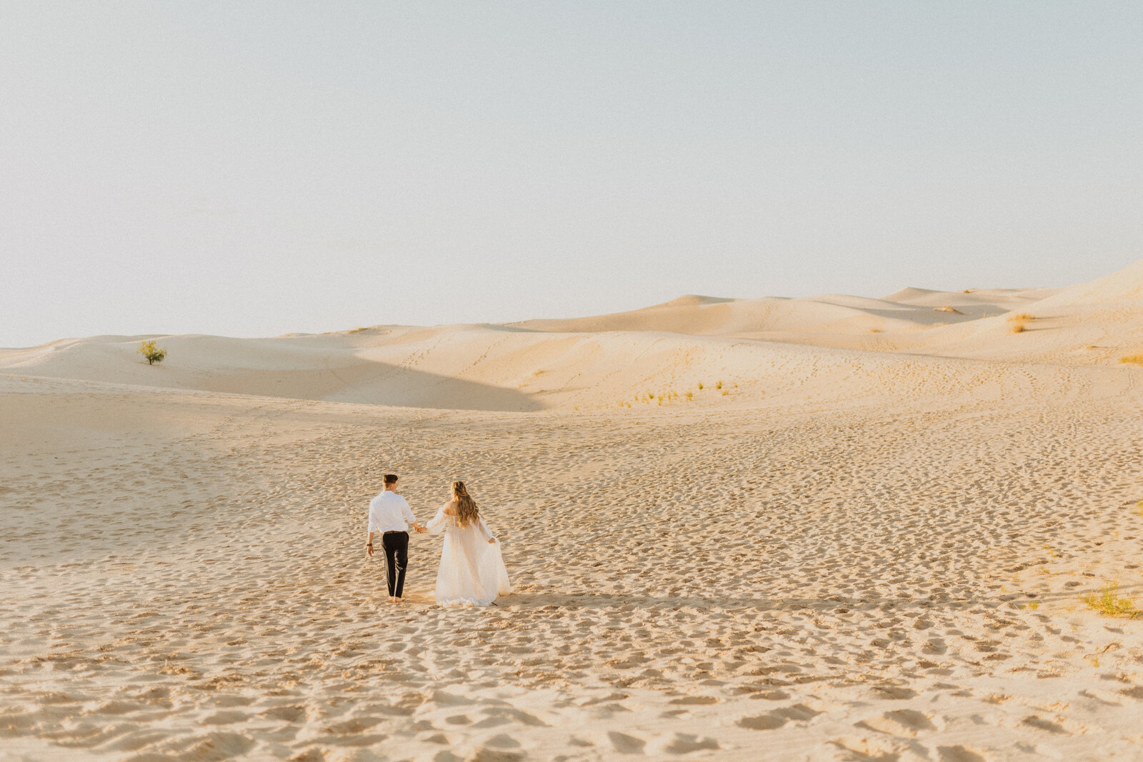 bride and groom walking through desert