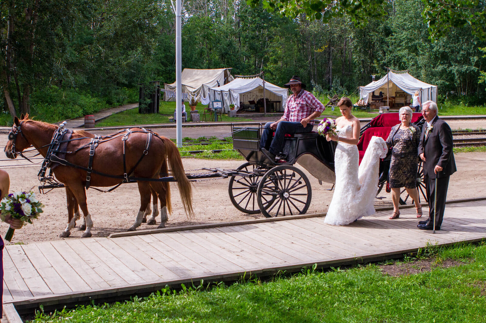 Bride and family being brought to the church in Horse and Carriage at Fort Edmonton Park