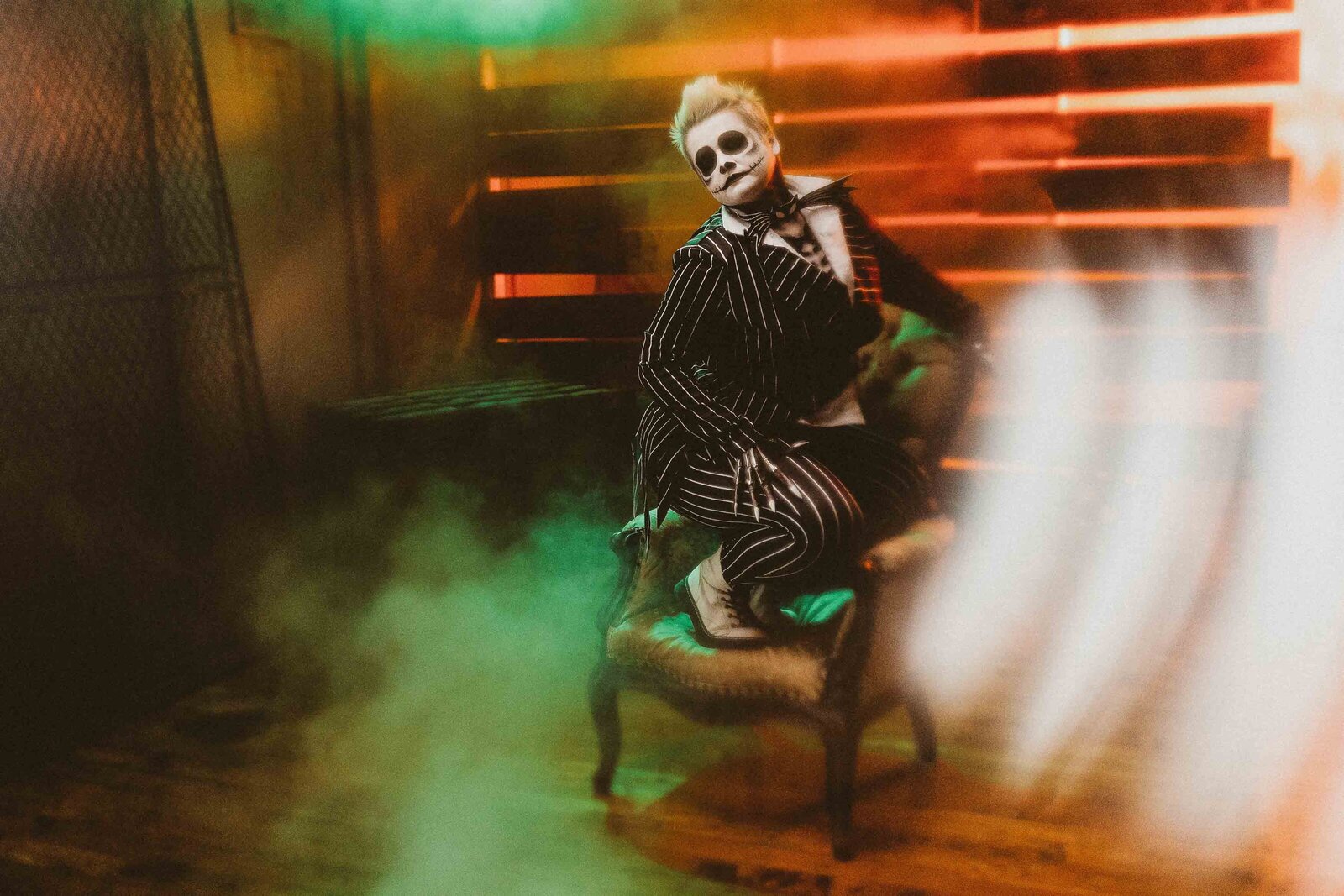 spooky woman in a chair with smoke effect