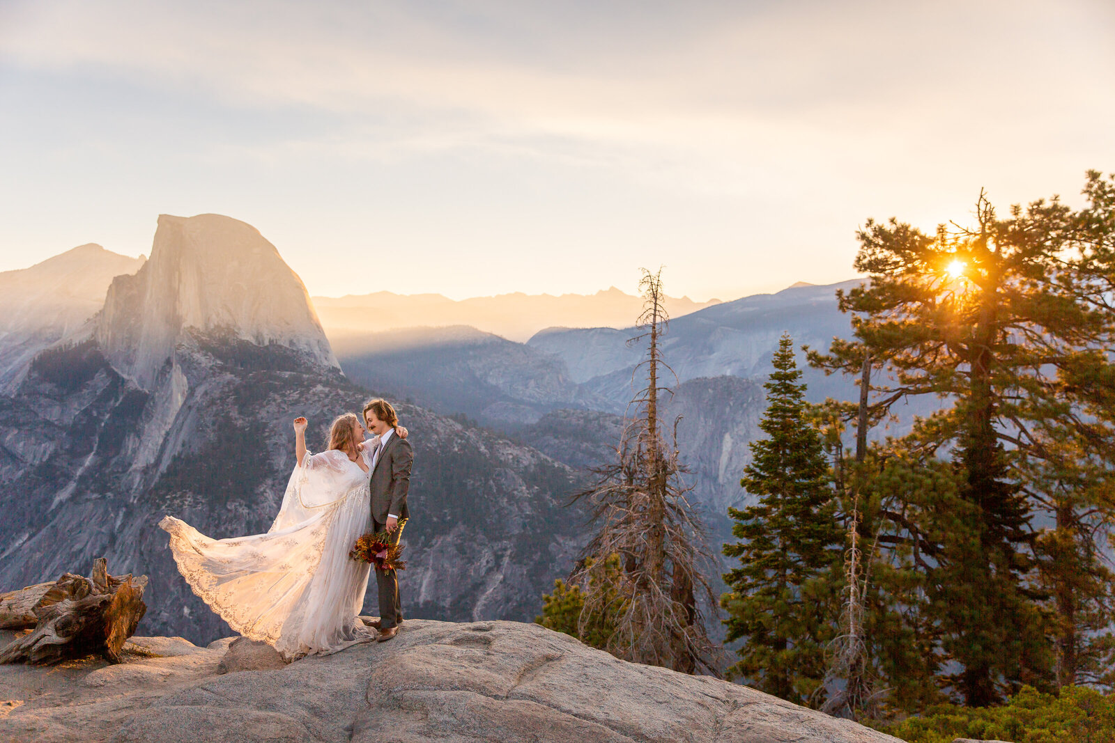 A Bride and groom at sunrise in yosemite