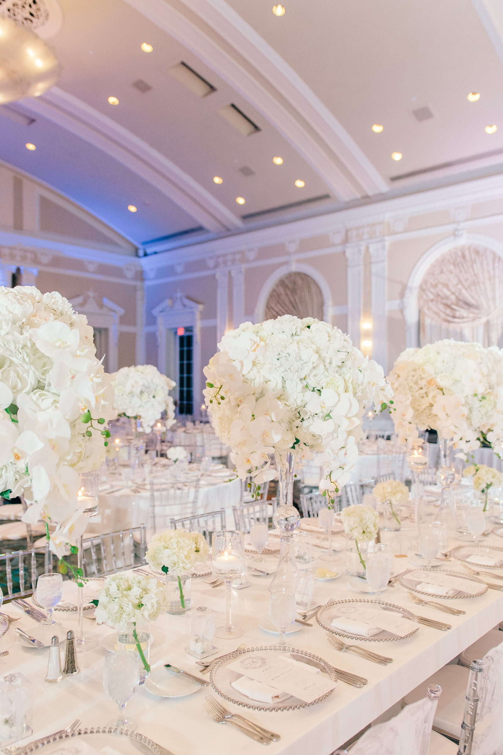 reception room decorated with orchid flowers centerpieces