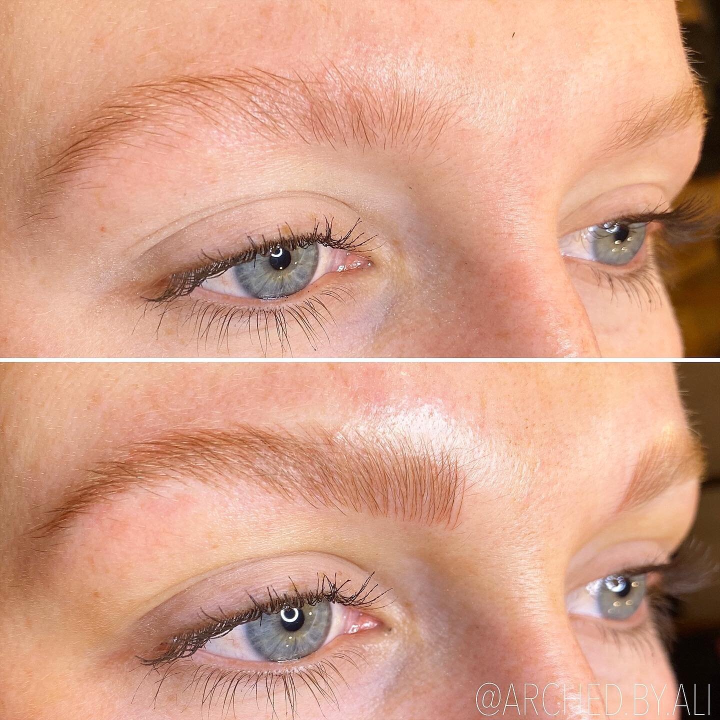 Female enhanced eyebrows that look naturally fluffy, through nicroblading services at ARCHED Coastal in Gulf Shores, Alabama.
