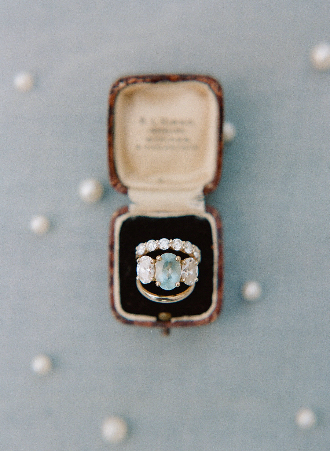 Engagement Ring and Wedding Rings in vintage ring box