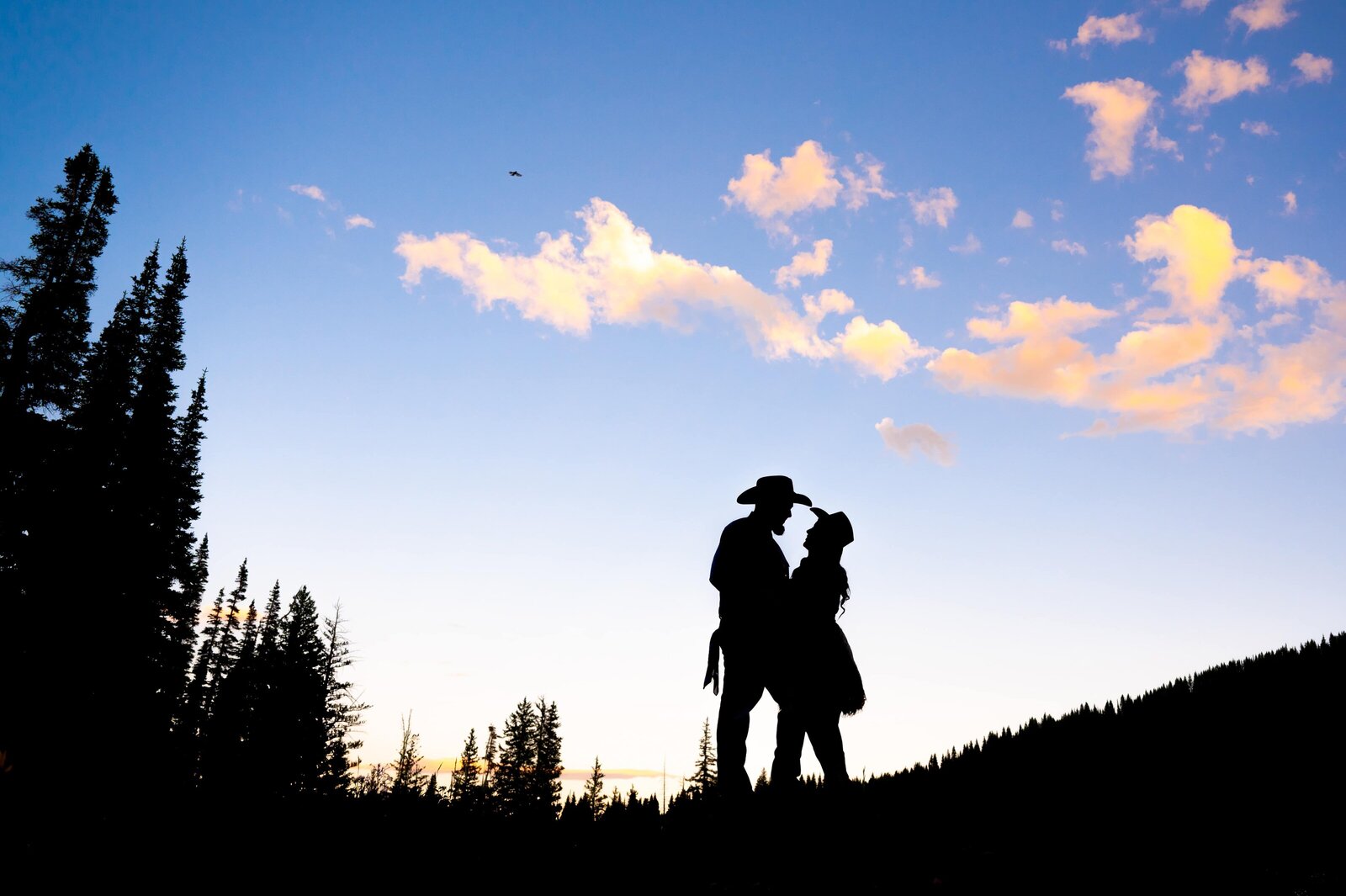 Couple silhouetted in the forest while wearing cowboy hats and boots. Western engagement session.