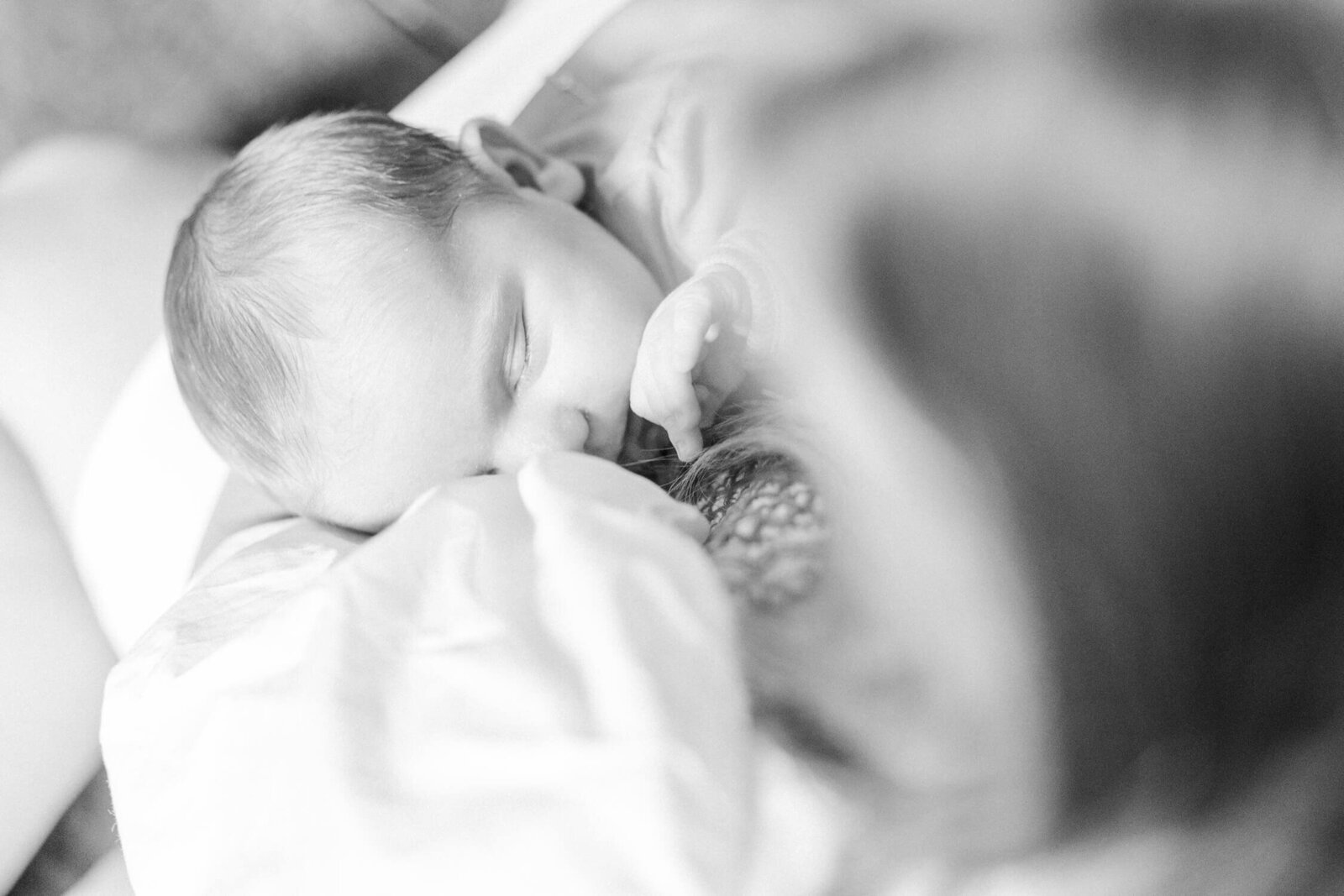 Black and white image of newborn snuggling into his mother's chest