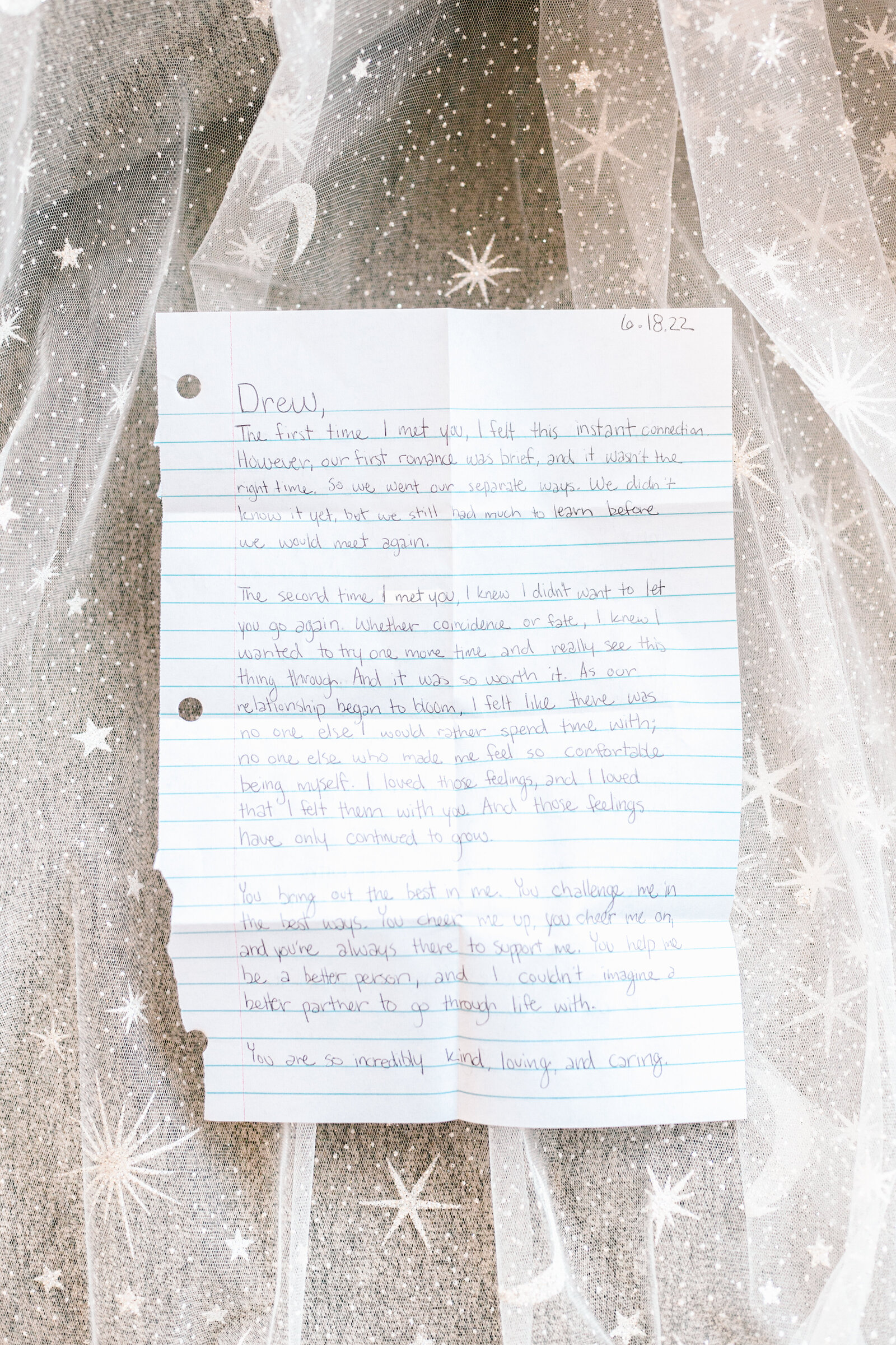 A bride's wedding vows on top of her veil.