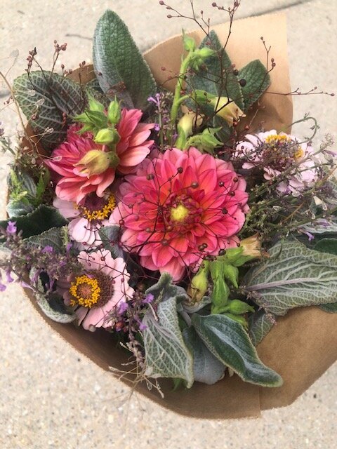 QBR Bouquet with plectranthus, opar, dahlias, zinnias