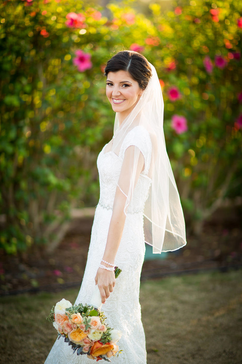 Colorful background and creamy bokeh for this bridal portrait