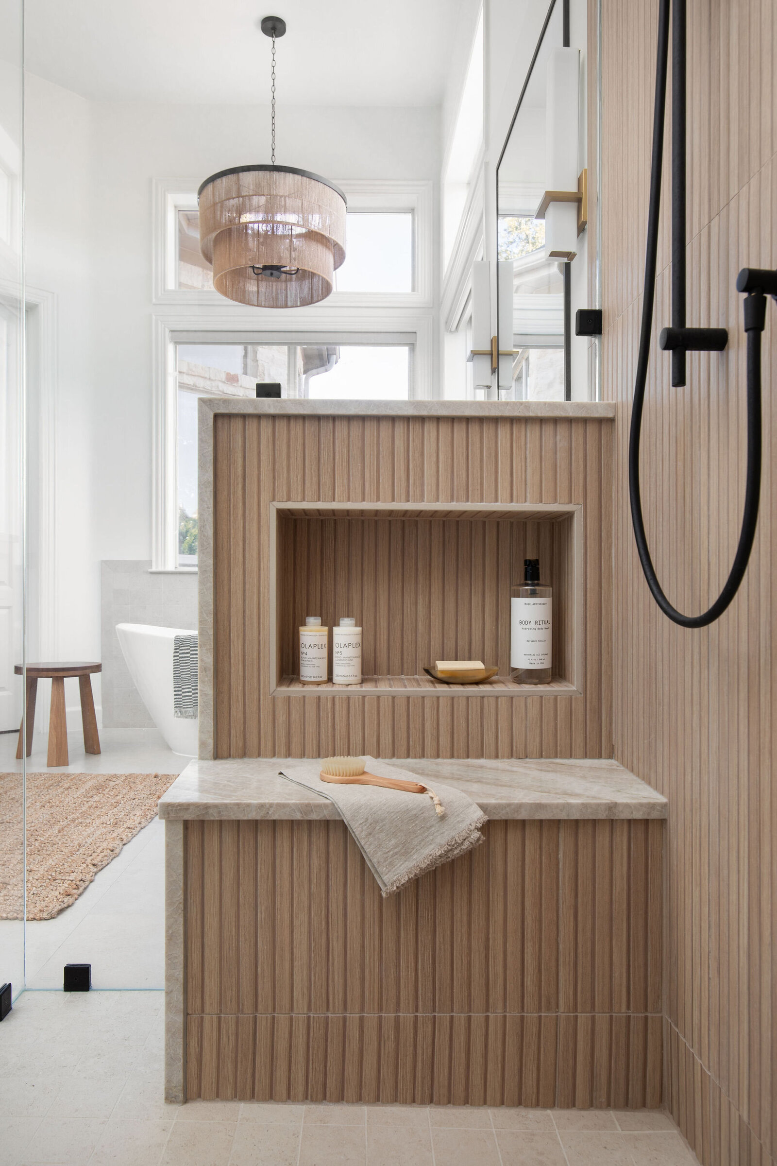 Nuela Designs Shower Tile Niche and Quartzite Bench