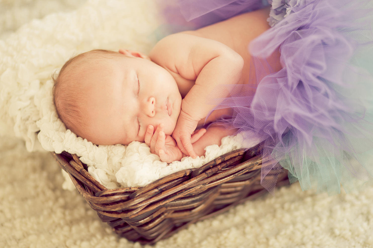 san diego newborn photographer | newborn girl sleeping with adorable pink, purple and green tutu
