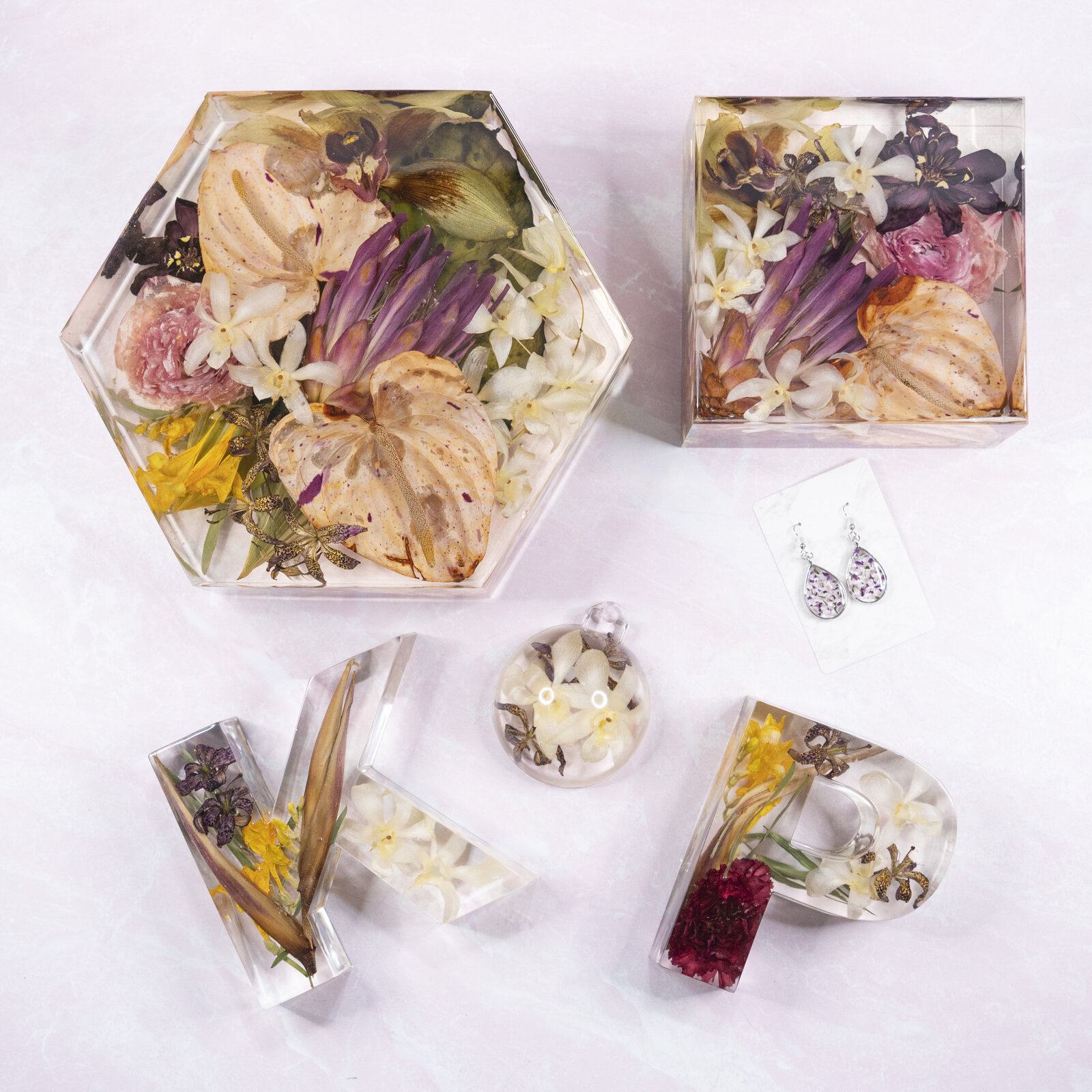 block6 hexagon9 pink white purple yellow red 'K' 'P' monogram ornament earrings Kara