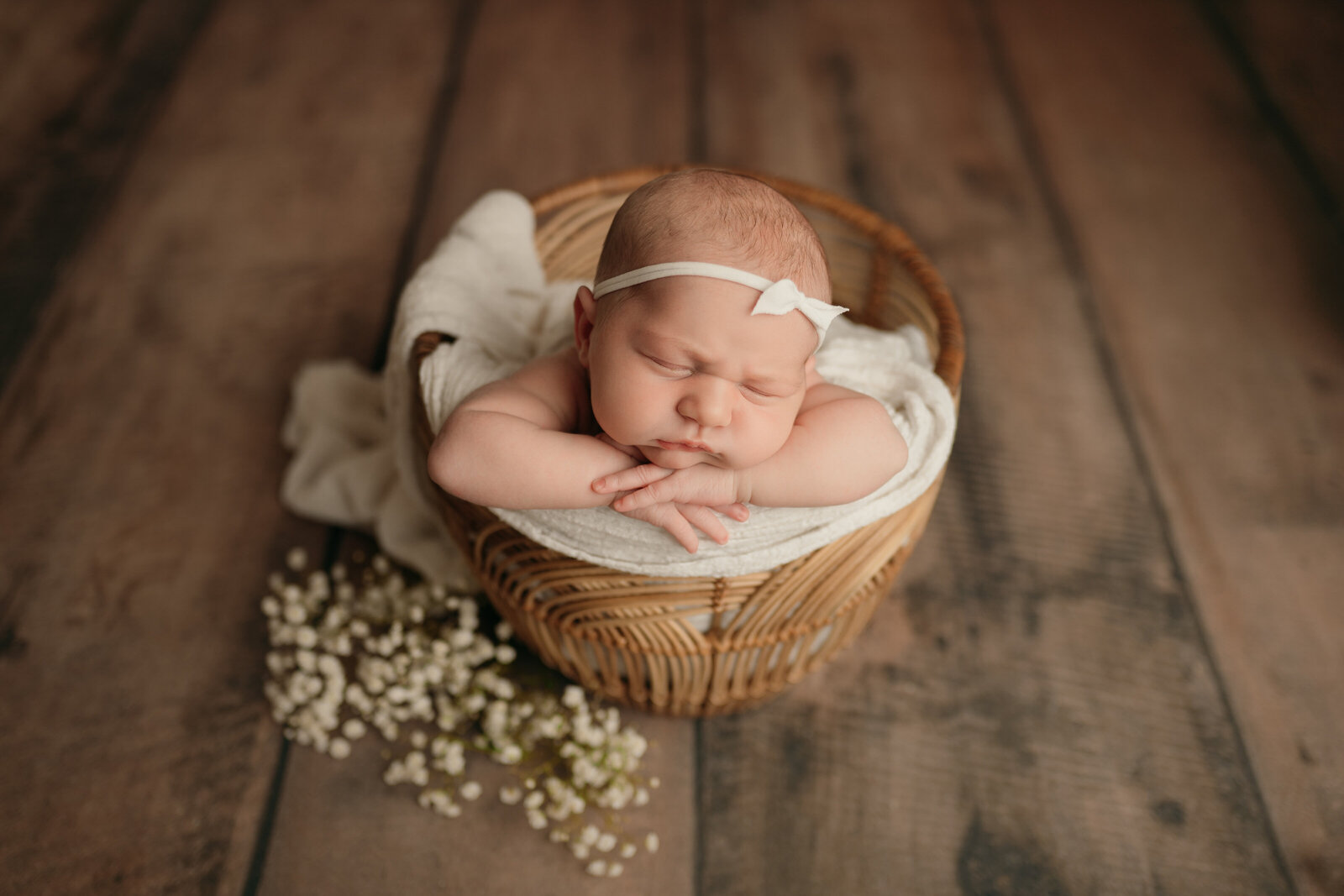 newborn baby girl in basket during photography session in Lutz, FL