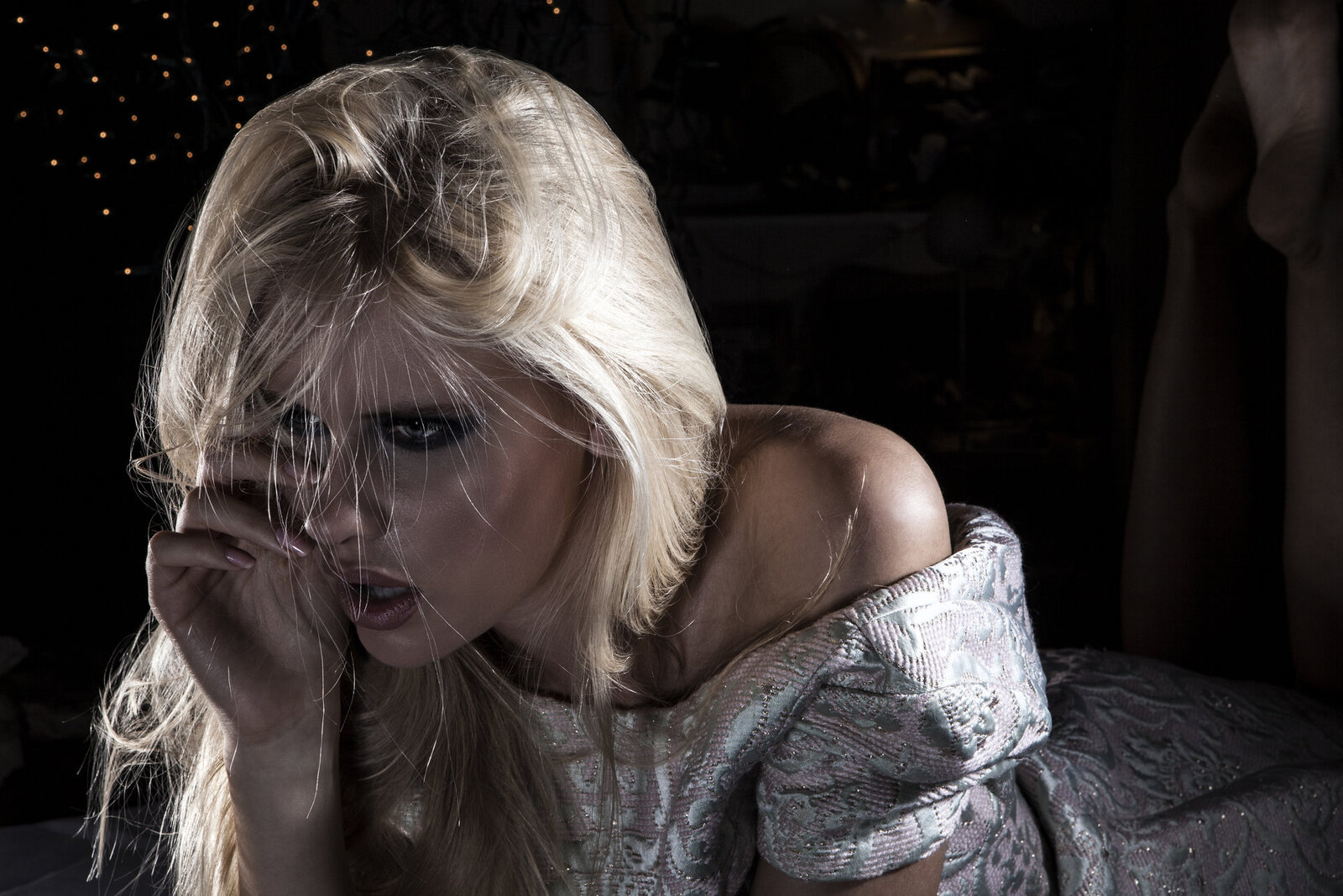 Makeup on model looking distressed