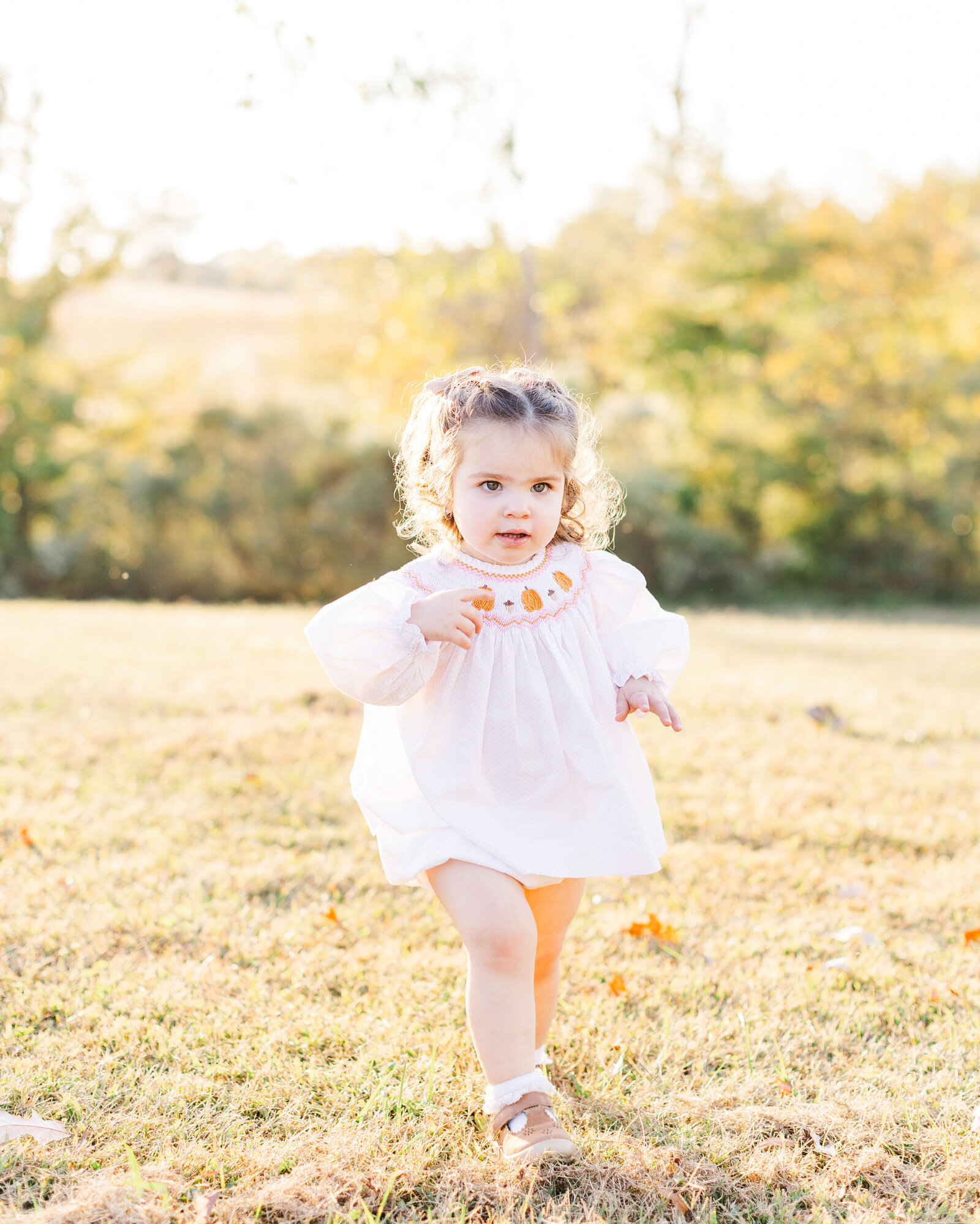 Savannah Taunton's daughter walking in a golden field during their mini family session, captured by Abby Bell Photography, Fine Art Portrait Photographer based in Alabama.