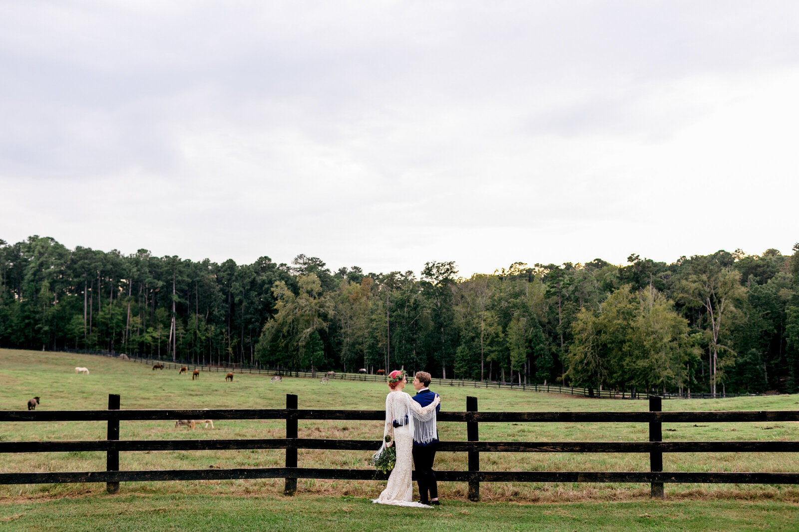 bride and groom horse farm