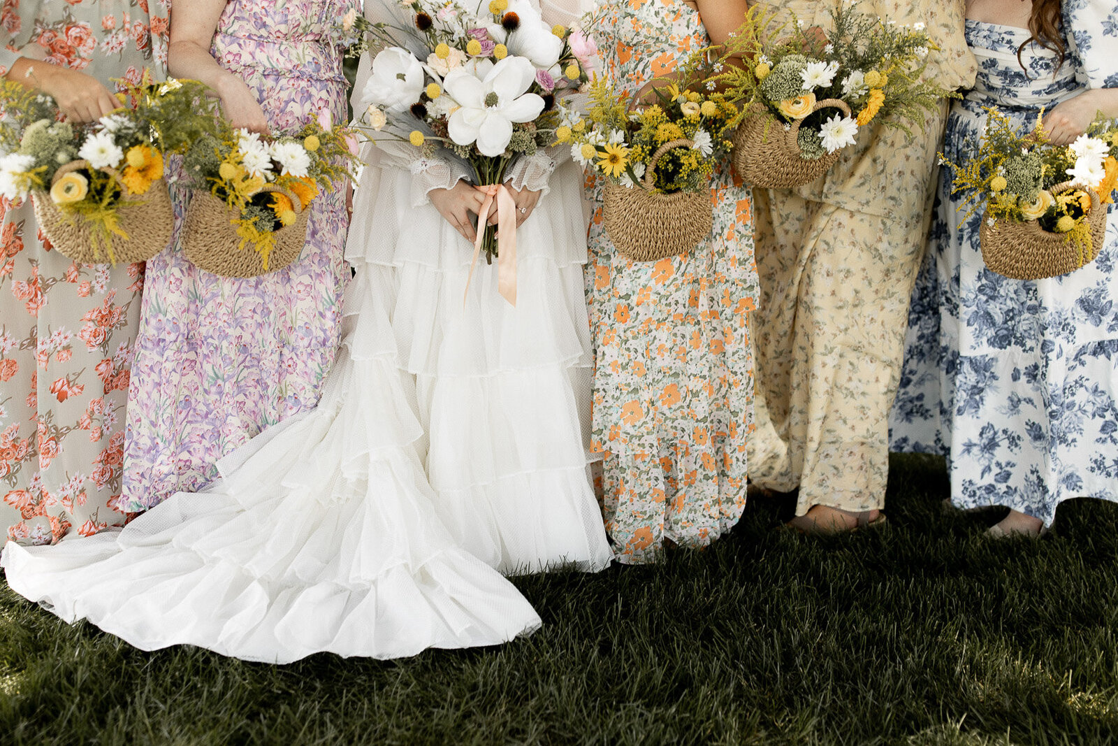 Iowa vintage wedding details with floral dresses and basket flowers