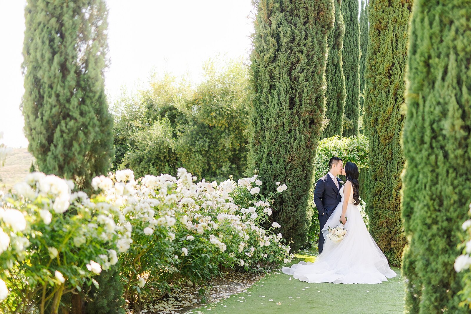 Bride and groom kissing in the vineyard at Falkner Winery in Temecula, California.