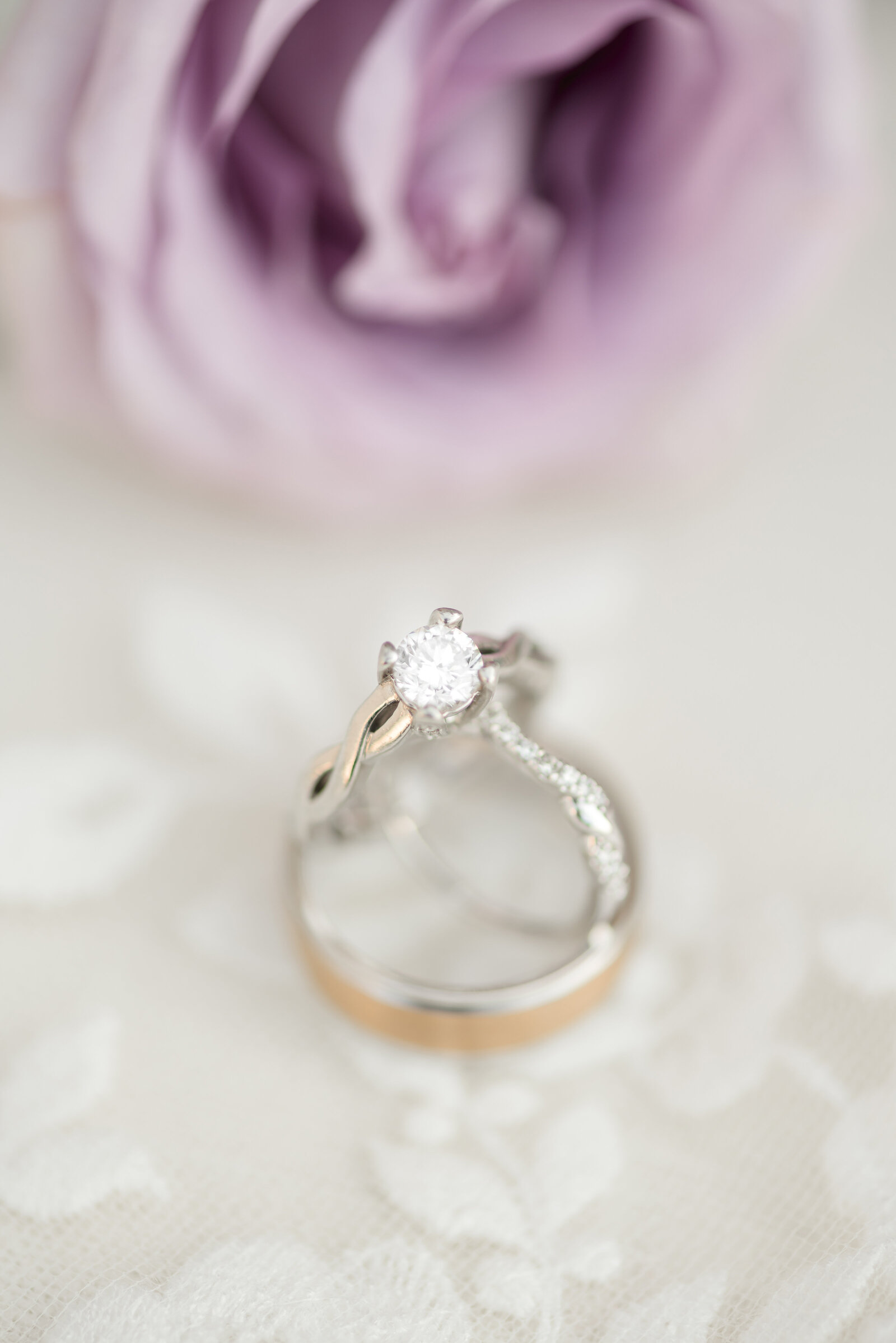 close up of bride and groom rings