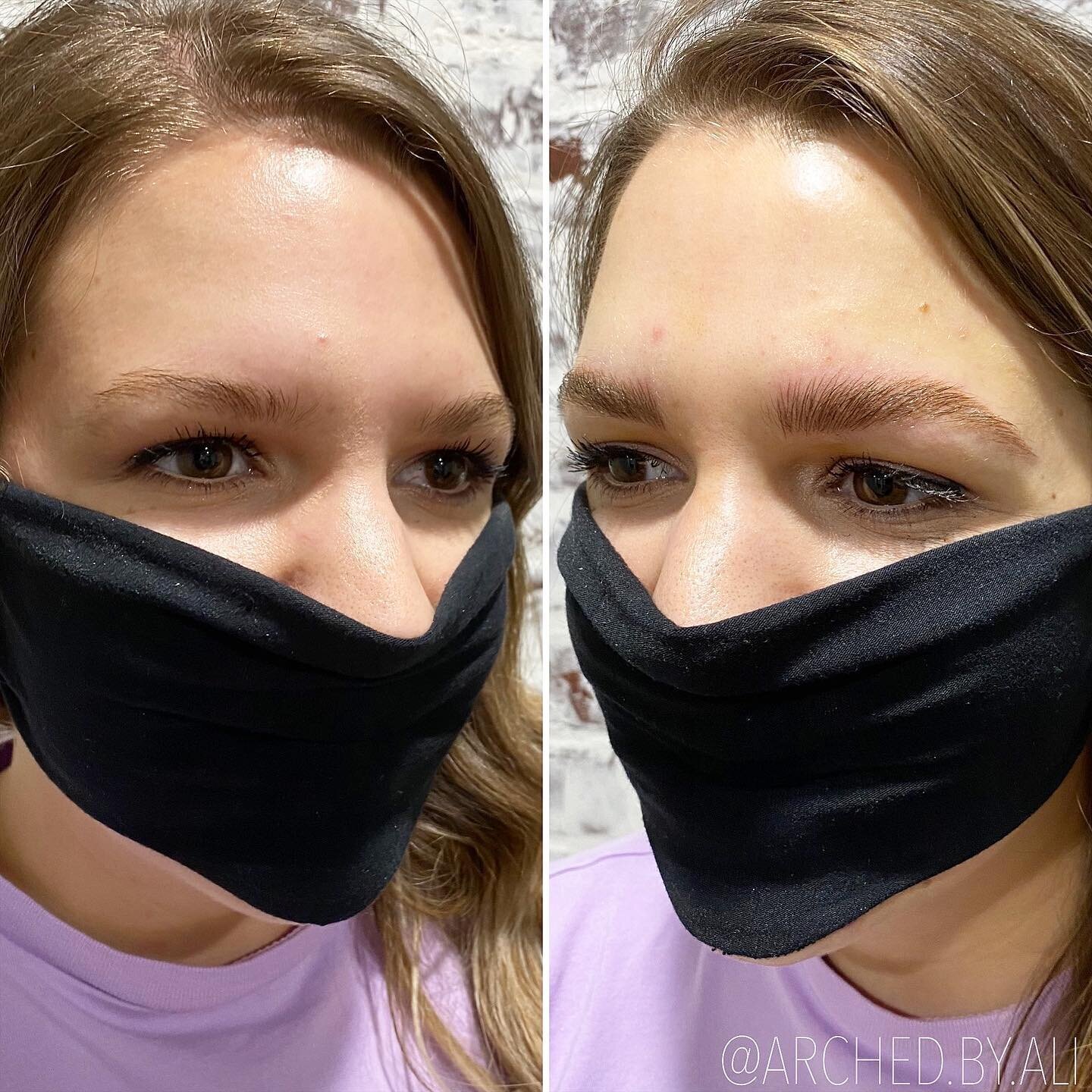 Female enhanced eyebrows that look naturally fluffy, through nicroblading services at ARCHED Coastal in Gulf Shores, Alabama.