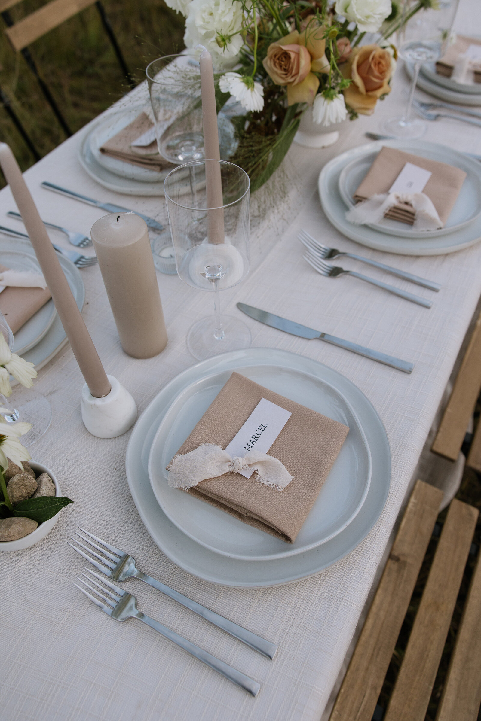 Tablescape details for outdoor reception at Redfish Lake