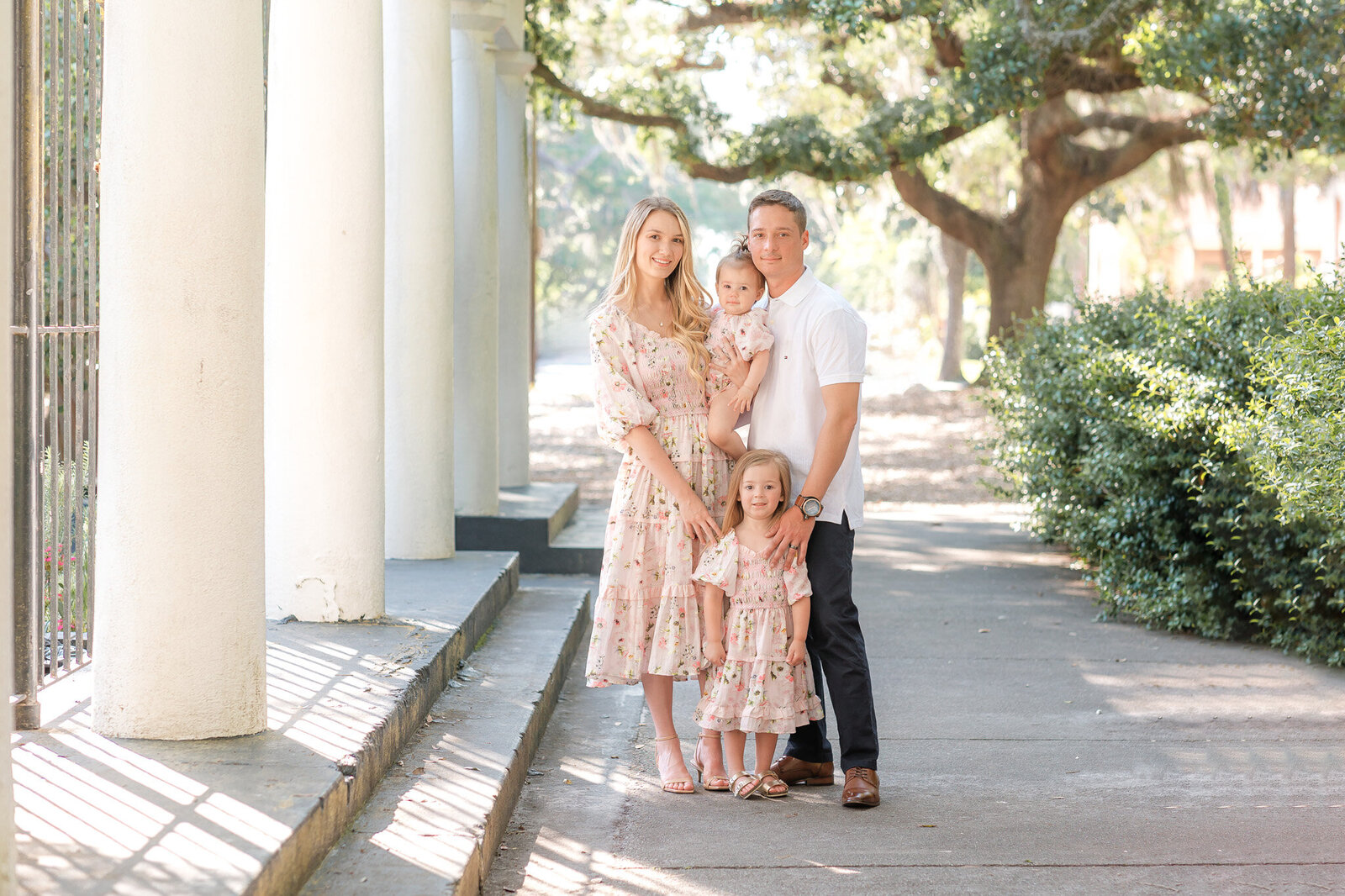 Family of 4 with 2 daughters at Forsyth Park in Savannah, Ga with Constance Calton photography