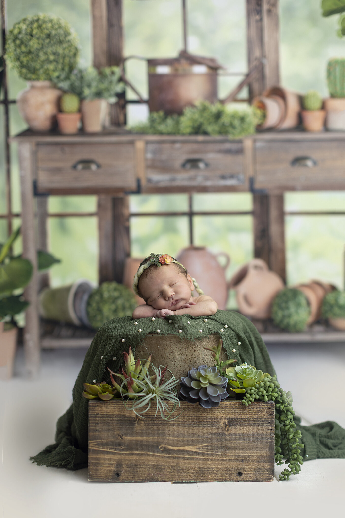 Newborn girl poses wiht succulents