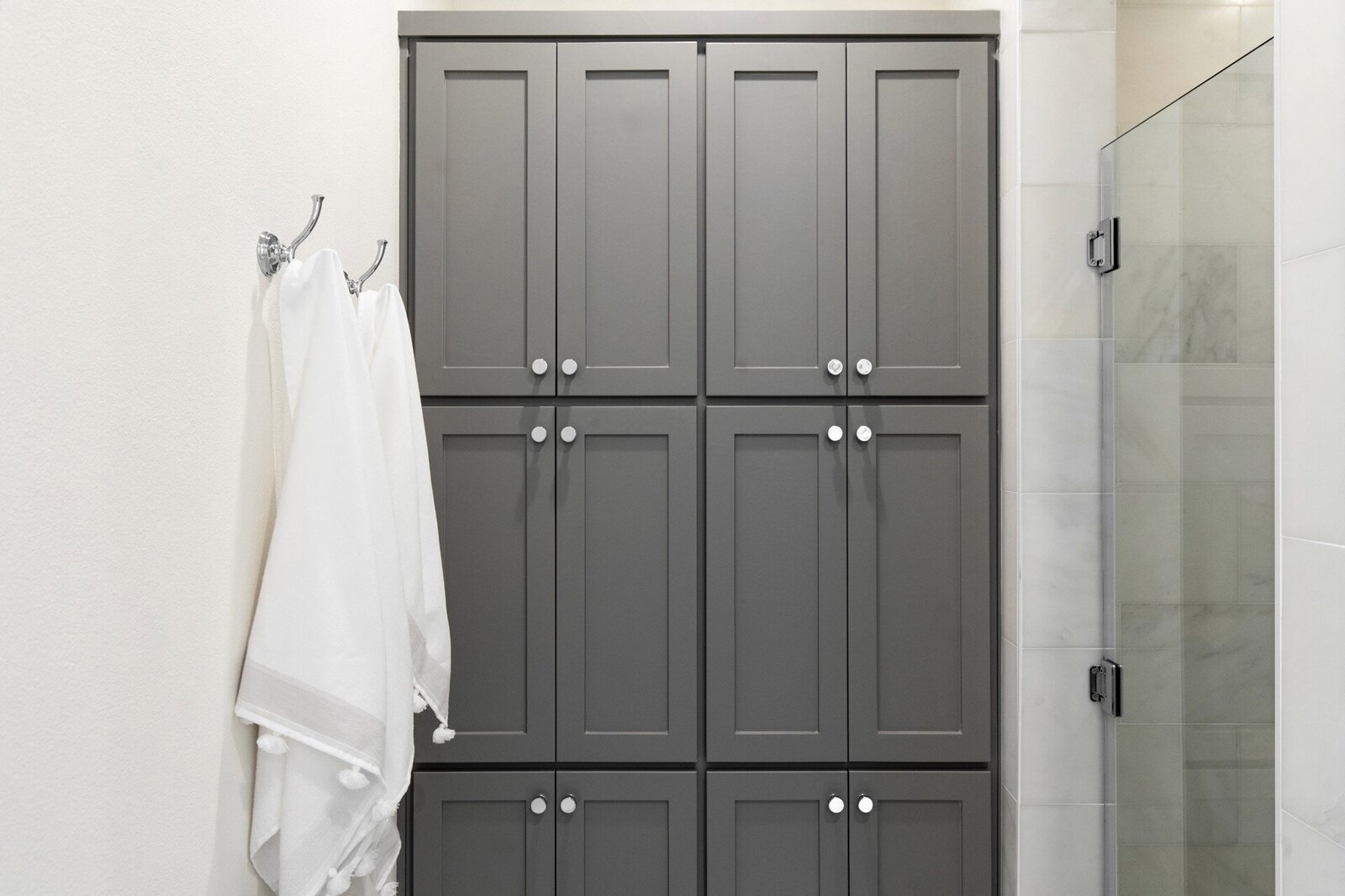 Nuela Designs_Custom Cabinet Gray Primary Bathroom Linen Closet