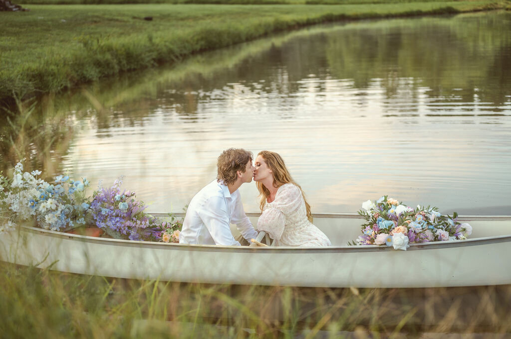 Romantic engagement moment on the pond