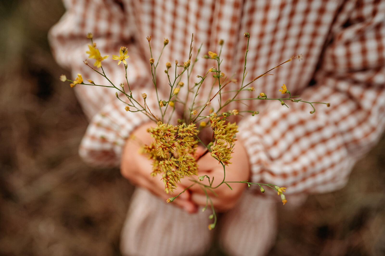 Little girl holding flowers while Paula Goforth Photography captures a close up of her hands and flowers during a family session in Decatur. 
