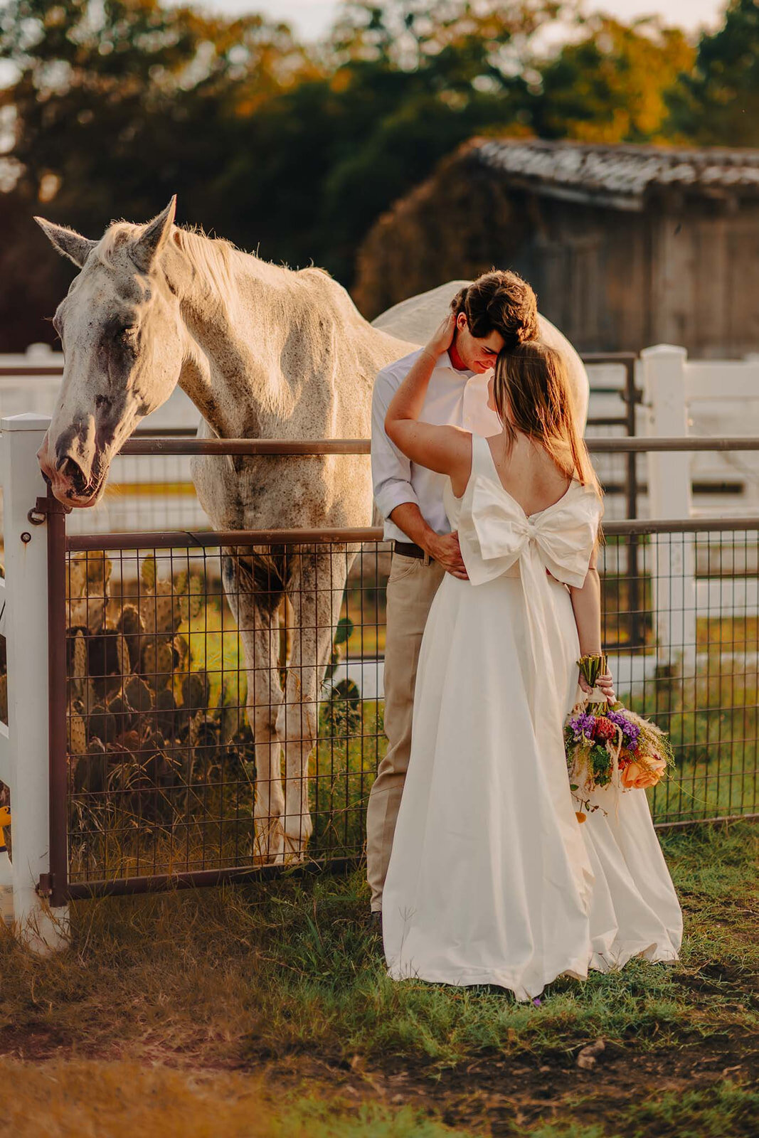A bride holding her wedding bouquet while posing in front of a horse at a Texas Hill Country wedding venue, captured by CMH Studios.