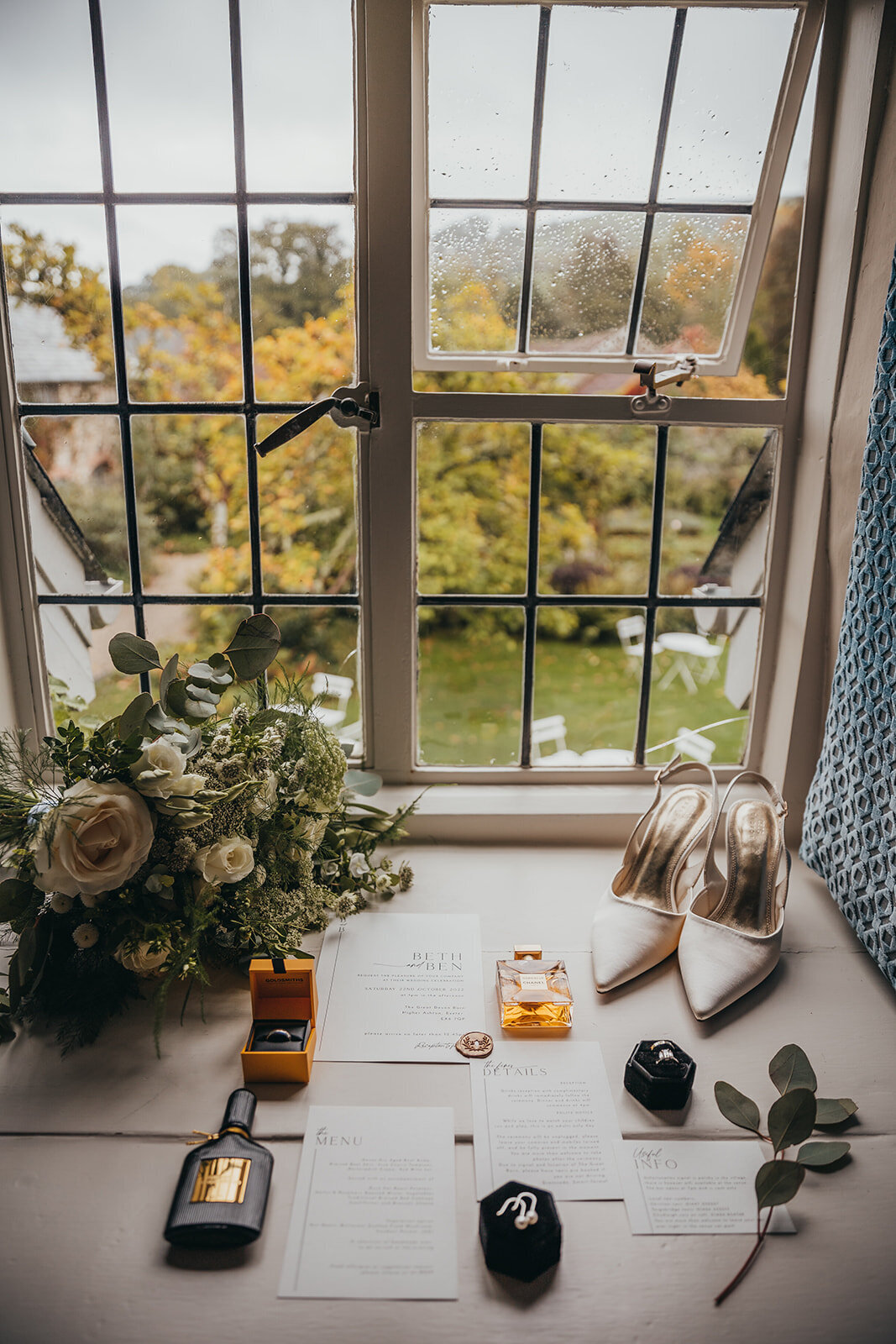 wedding details placed in window