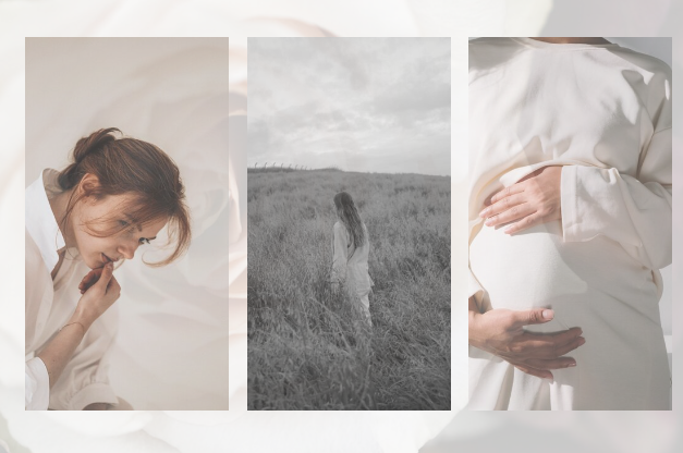 Three photos woman thinking, woman walking in meadow, woman with hands on pregnant belly