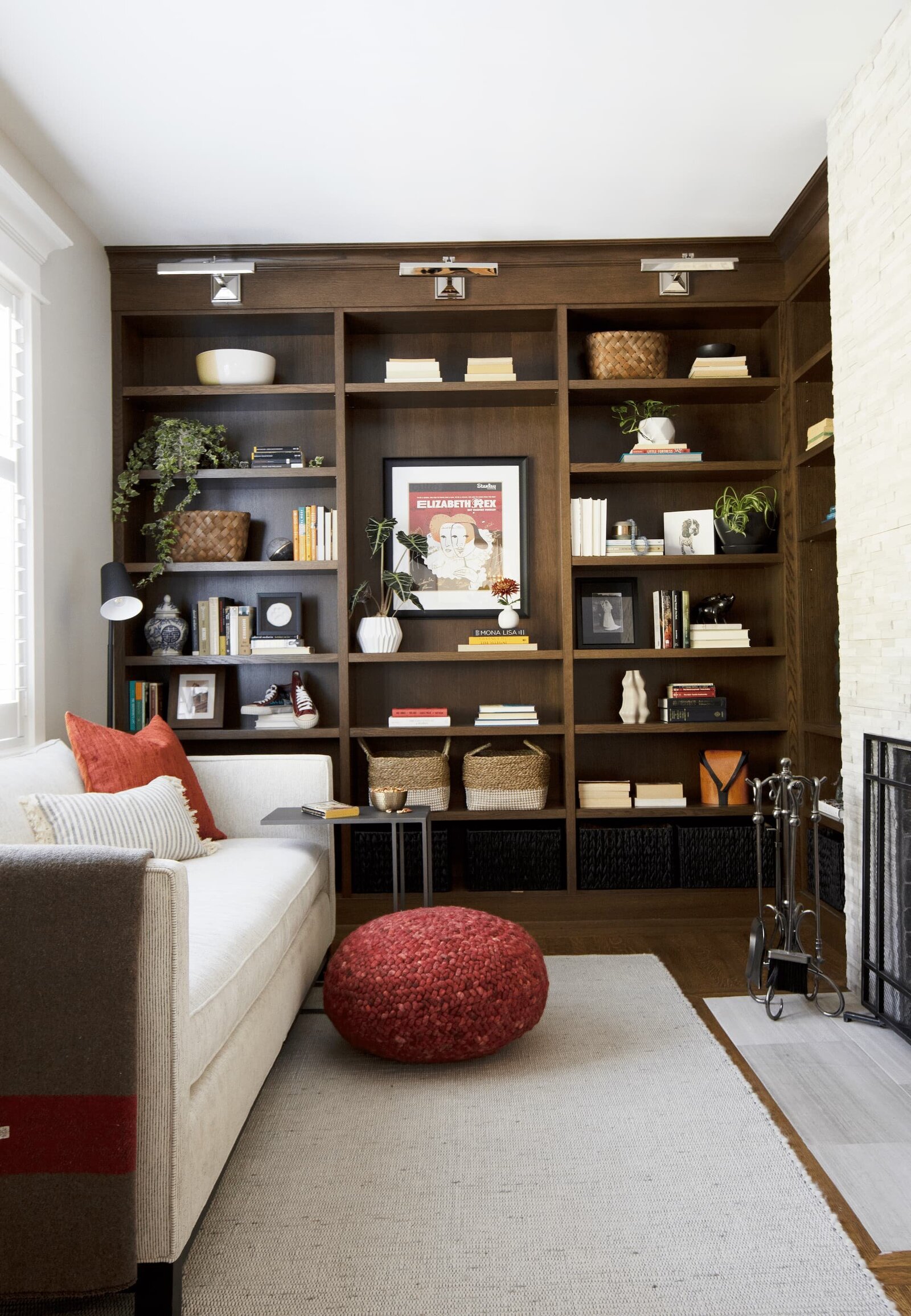 Granville Street l Den-Reading Room l Neutral Sofa, Fireplace, Dark Built-in with Accessories on Shelves 