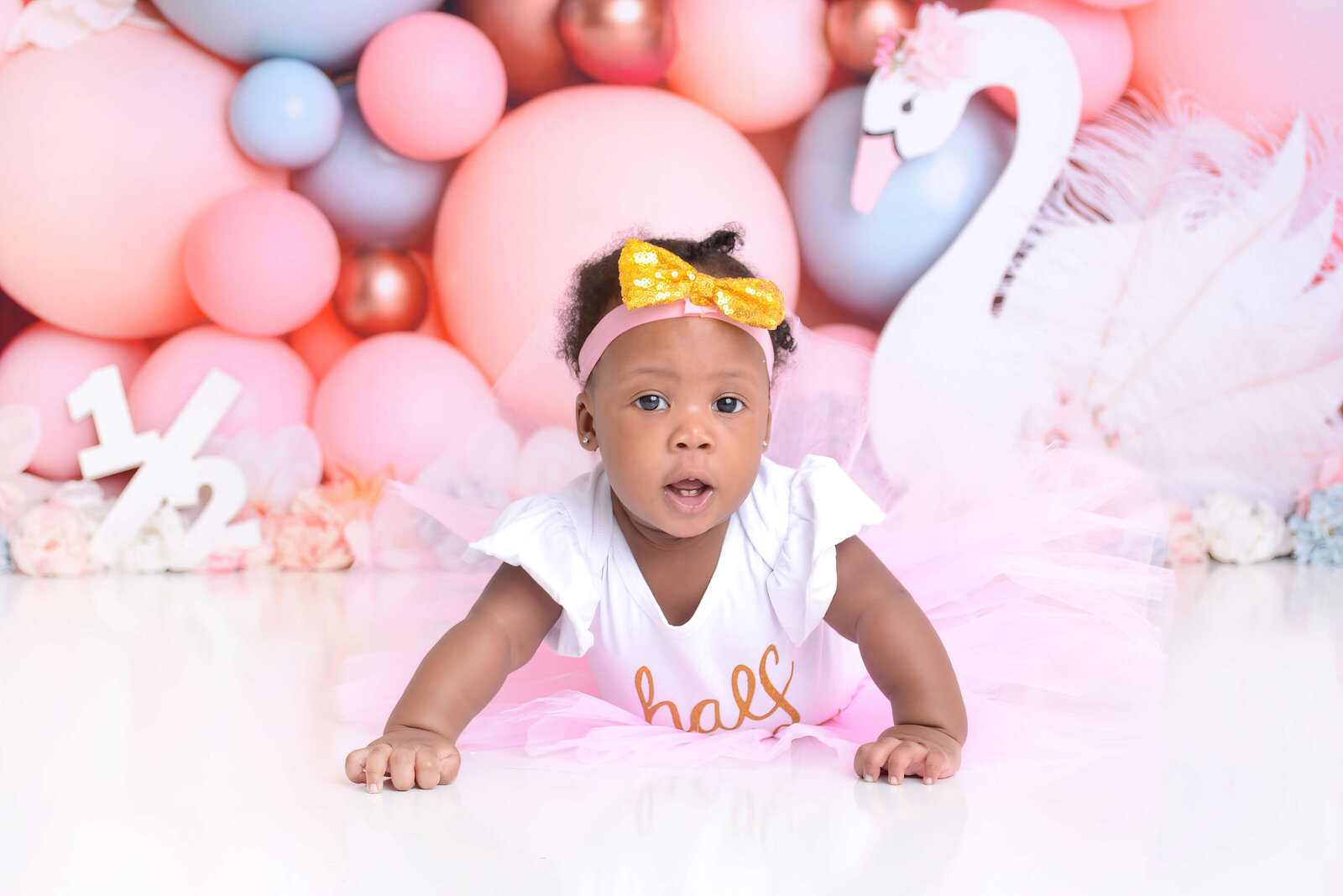 swan themed half birthday photoshoot