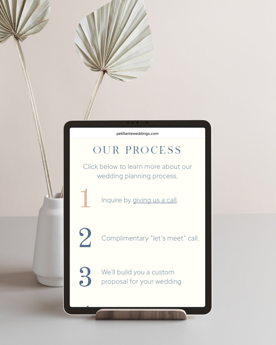 custom branding and custom showit website for Petilante Weddings an wedding planner