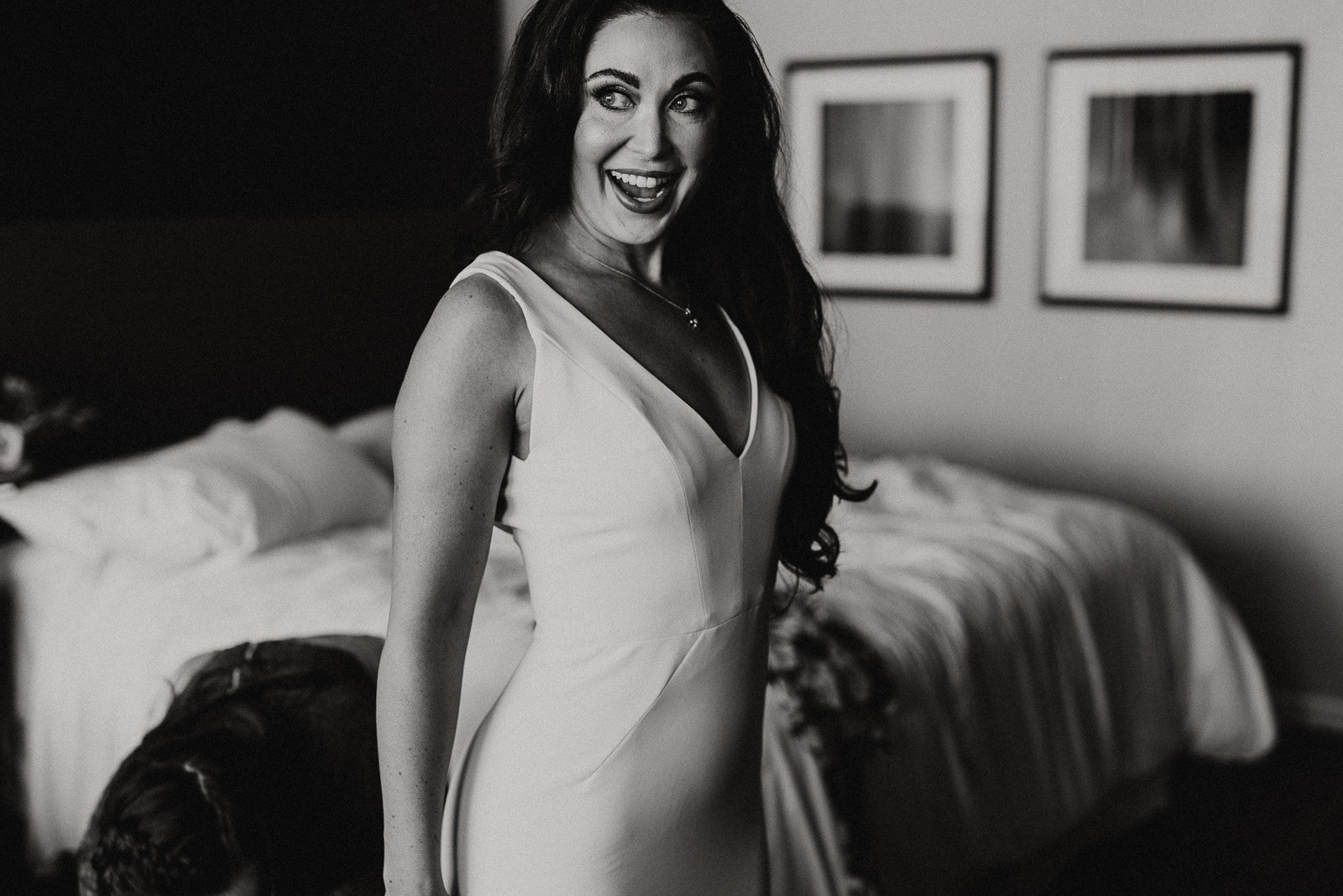 Stunning picture of the bride in her bridal suite before the wedding in Denver Colorado. Black and White photo.