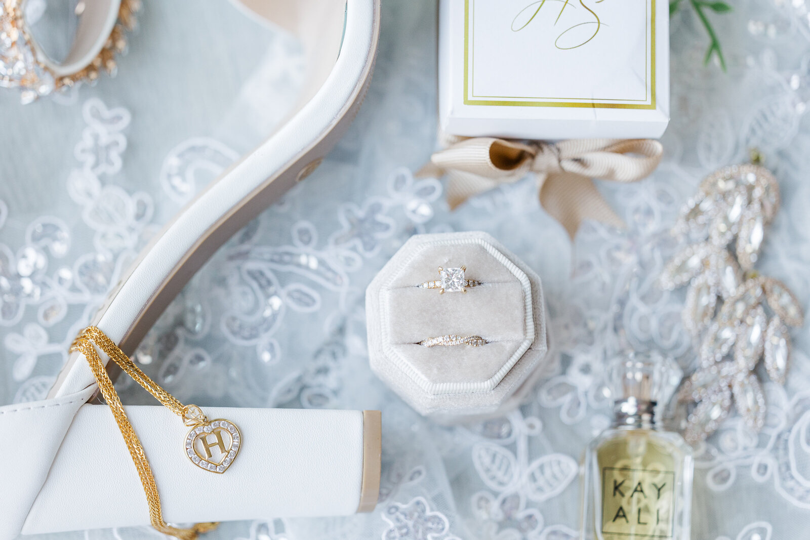 Wedding bridal accessories flat lay