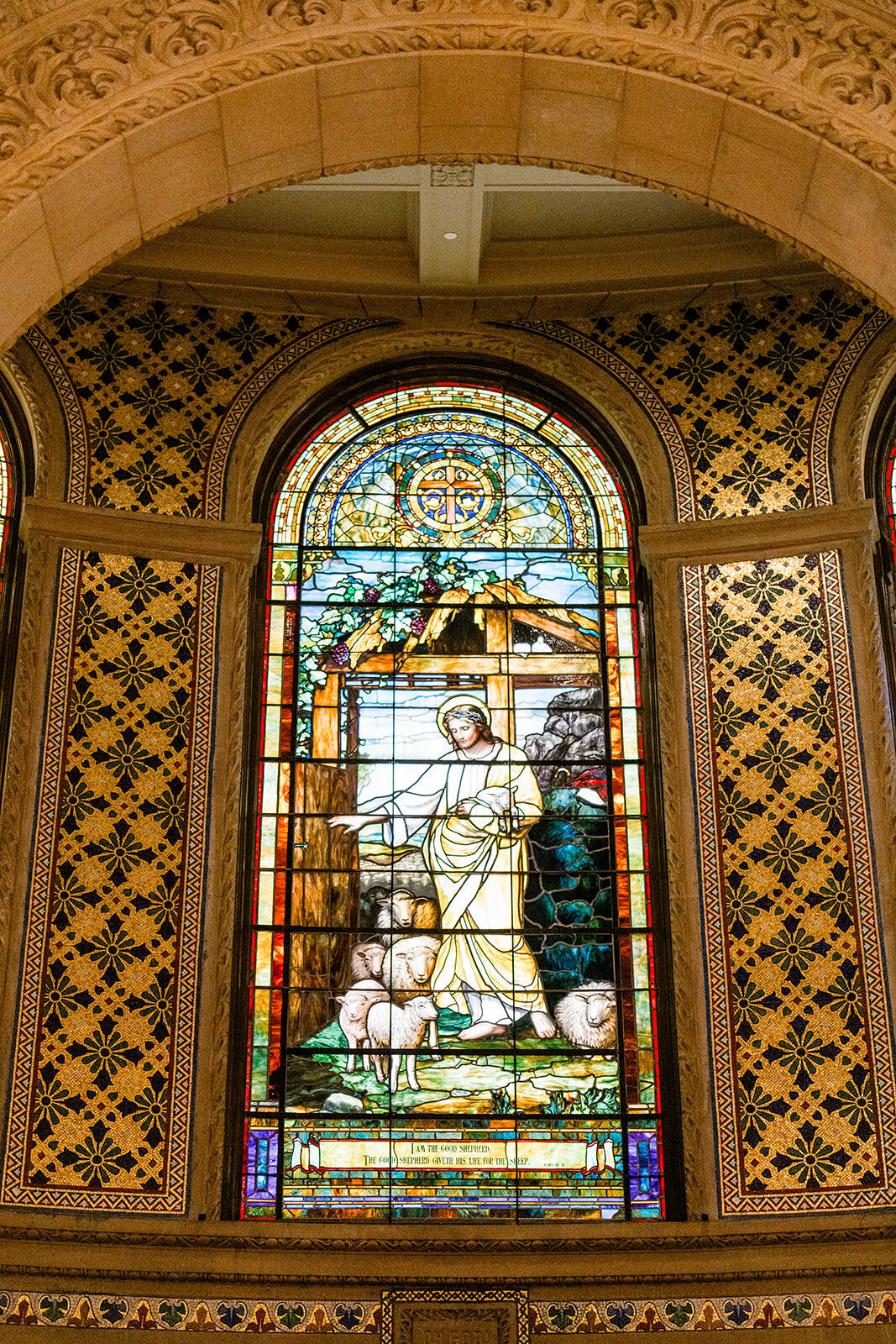 A detailed view of the stunning stained glass window at Stanford Memorial Church, adding a touch of elegance to the wedding ceremony.