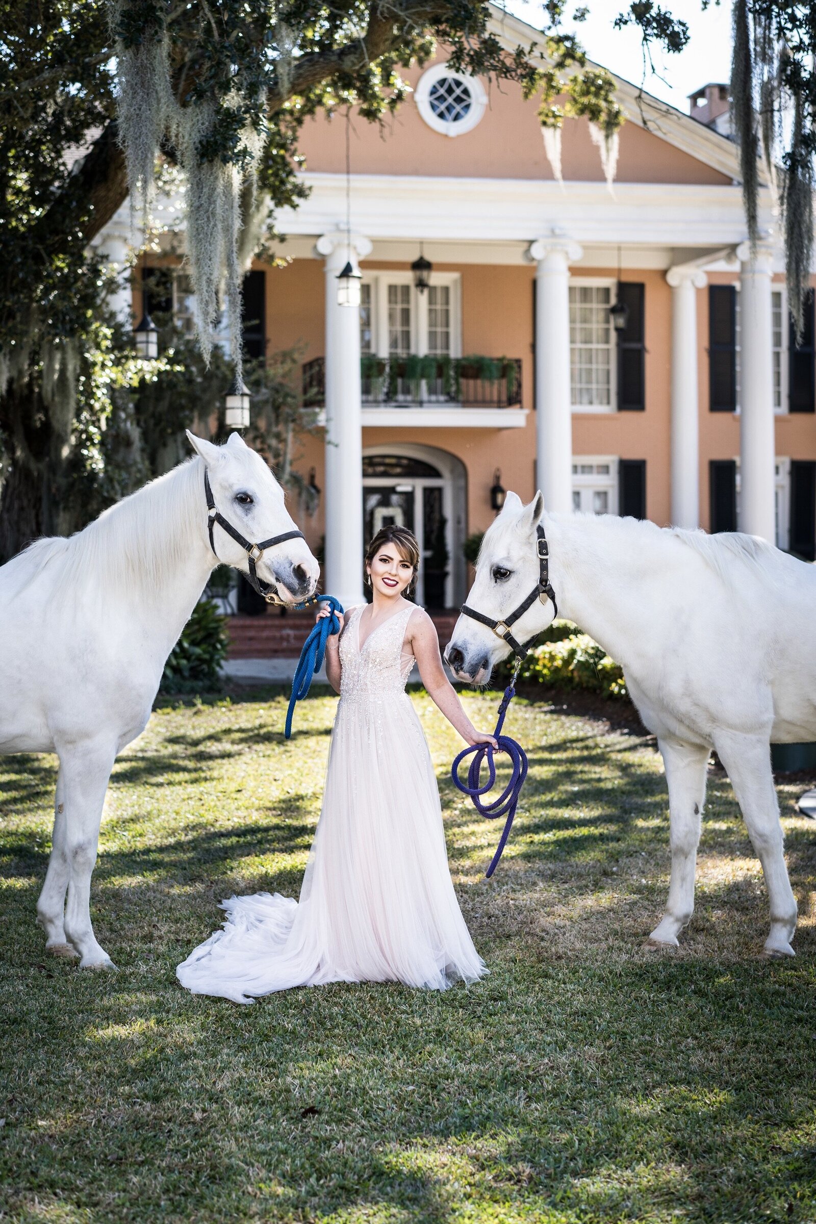 Bride standing in front of Southern Oaks with horses