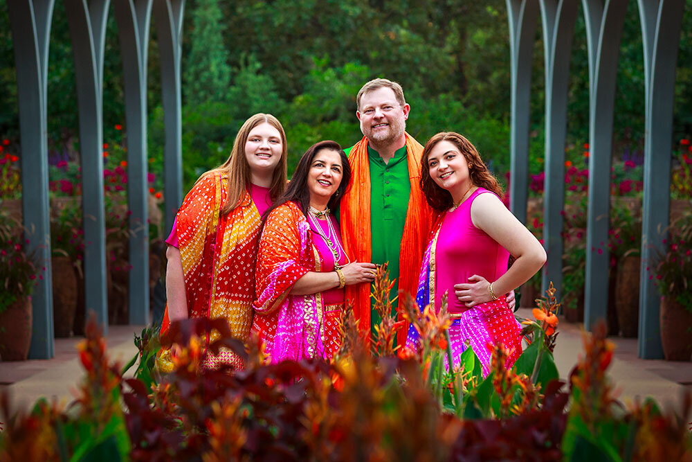 Indian-family-traditional-attire-cultural-vibrant-colorful-diverse-flowers-symmetrical-wall-art-fine-art-denver-botanic-gardens-orange-yellow-red-warm-colors