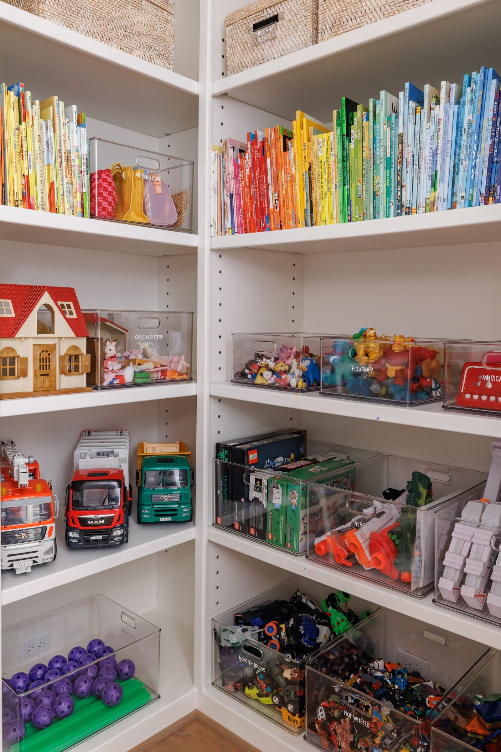 vision and hammer organization of kids toys and books on shelf