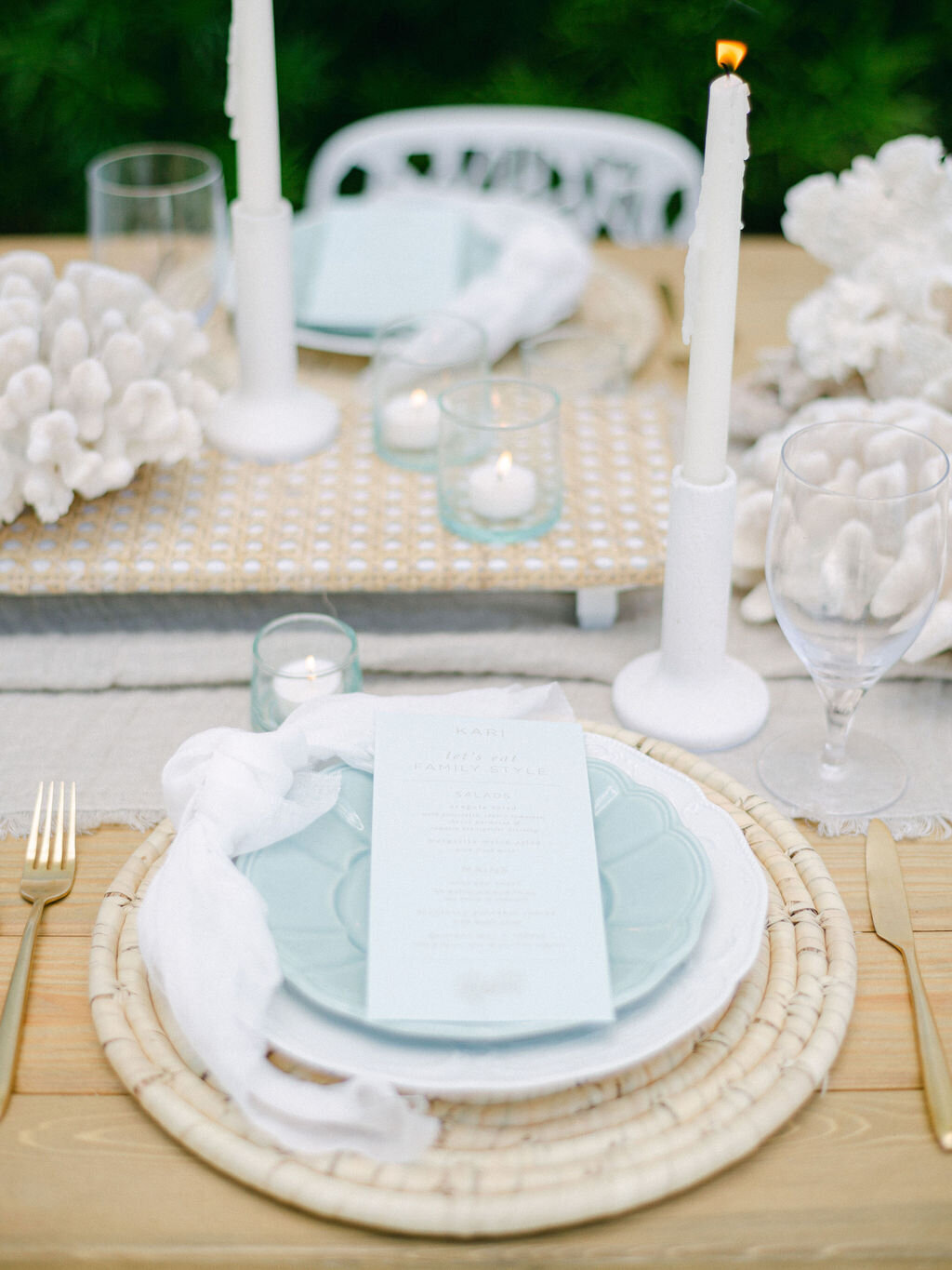 Wedding place setting with Sea glass inspired wedding colors